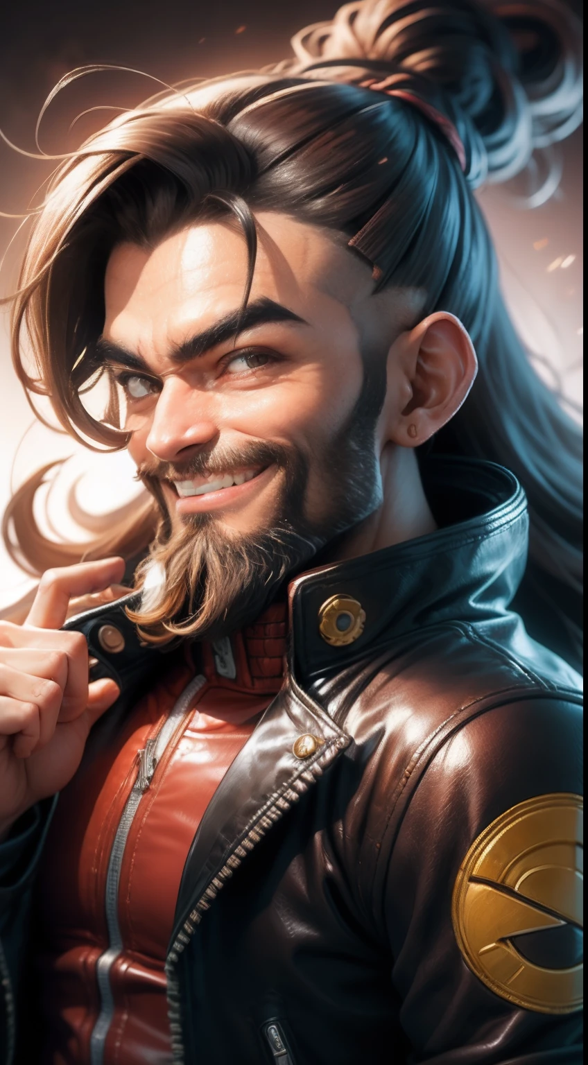 Dragon Ball style,The middle finger pointed to his head,Brown eyes,Long beard, Long hair, topknot, Smiling, Leather jacket, Capsule company logo on jacket