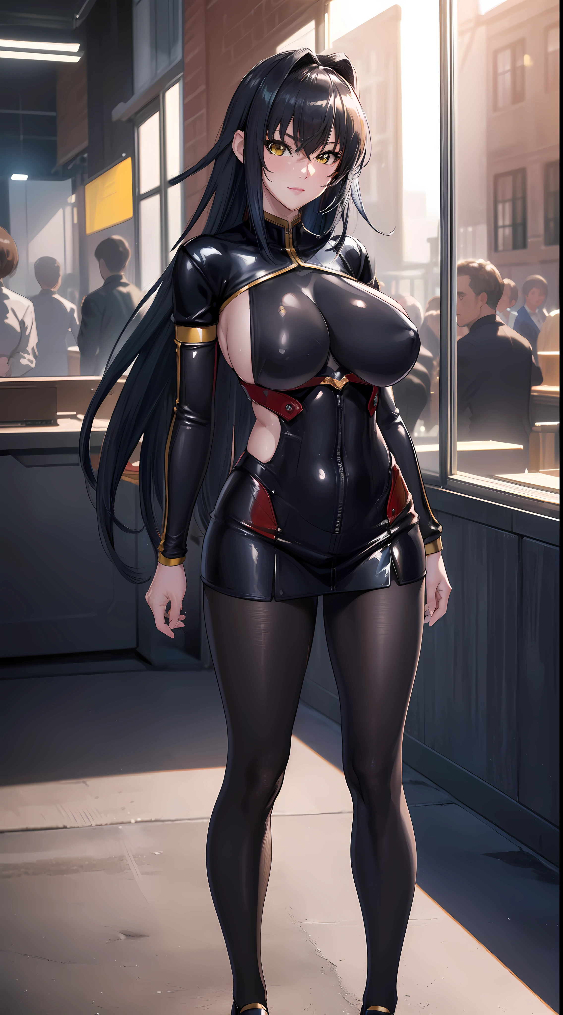 professional artwork, Intricate Details, field of view, sharp focus, detailed painting, photorealistic lighting, trending on pixiv, Standing at attention, black outfit ,yellow collared shirt,black and red bodysuit,skin_tight,black legwear, black pantyhose, Side_boob, black hair,very long hair, Bangs,yellow eyes,makeup, lipstick, 20yo,mature female,Beautiful Finger,Beautiful long legs,Beautiful body,Beautiful Nose,Beautiful character design, perfect eyes, perfect face, looking at viewer, NSFW,official art,extremely detailed CG unity 8k wallpaper, perfect lighting,Colorful, Bright_Front_face_Lighting, (masterpiece:1.0),(best_quality:1.0), ultra high res,ultra-detailed, hyperdetailed, photography, 8K, HDR, highres, absurdres:1.2, Kodak portra 400, film grain, blurry background, bokeh:1.2, lens flare, (vibrant_color:1.2) (Beautiful,large_Breasts:1.4), (beautiful_face:1.5),(narrow_waist), (solo:1.4), ((landscape dimension)), annerose, classroom