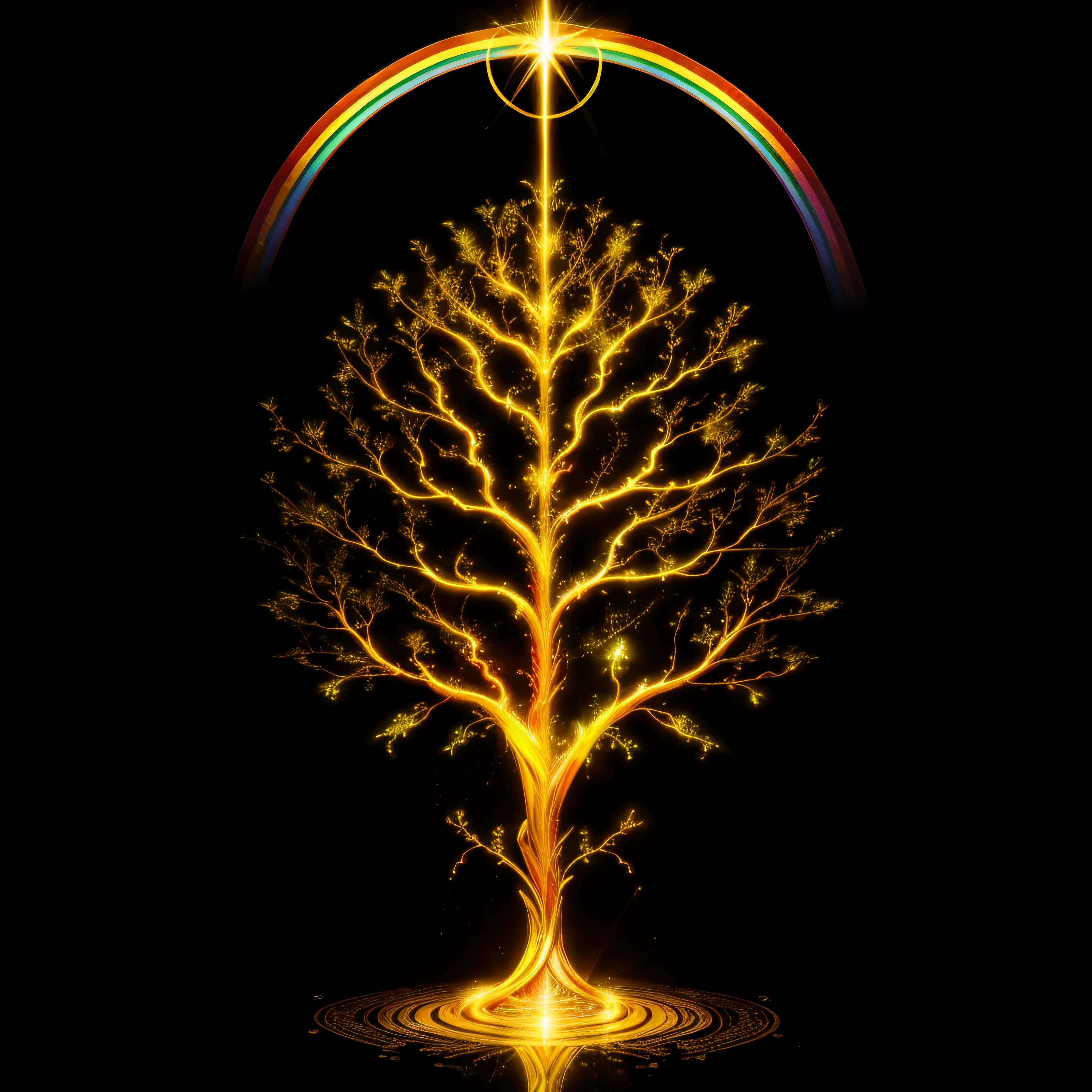 Bodhi tree, symbol of Buddhism, iridescent in rainbow colors, with a golden aura around him with a very bright divine light descending from the sky,  High Definition Image, detalhamento alto e estilo fotorrealismo. Imagem com pelo menos 300 dpi, UHD 8k