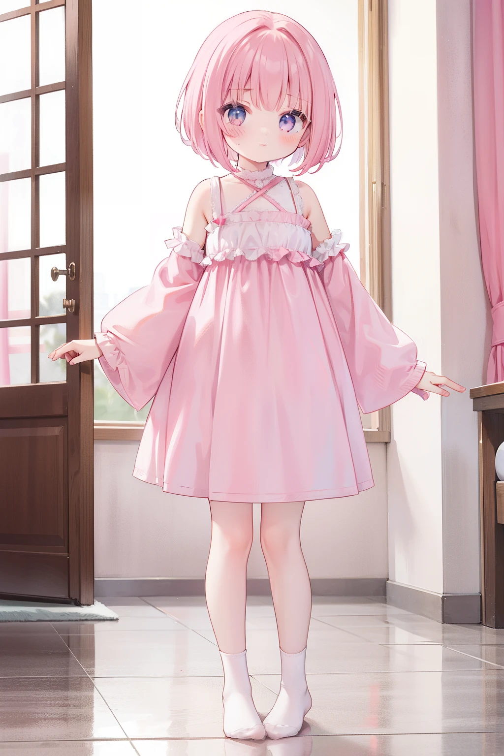 Girl standing front photography full body pink slip dress,Pink long and wide sleeves,White socks without shoes,pink short hair