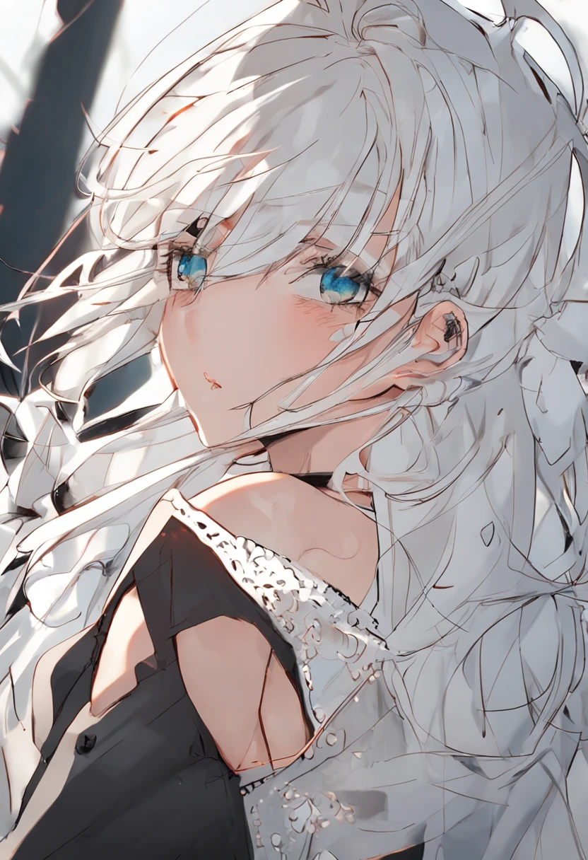 ((monochrome))(Image from chest up:1.4)((masterpiece:1.5,Highest quality,Beautiful images、Sketch、2.5D、Ink Painting、Abstract、Artistic、Portraiture))(1girl, solo)(medium breasts, white hair、bob hair)(Profile Portrait,Straight ahead、take your eyes away from here、Shake your head、A sad expression, floating hair)(Plain background)from side
