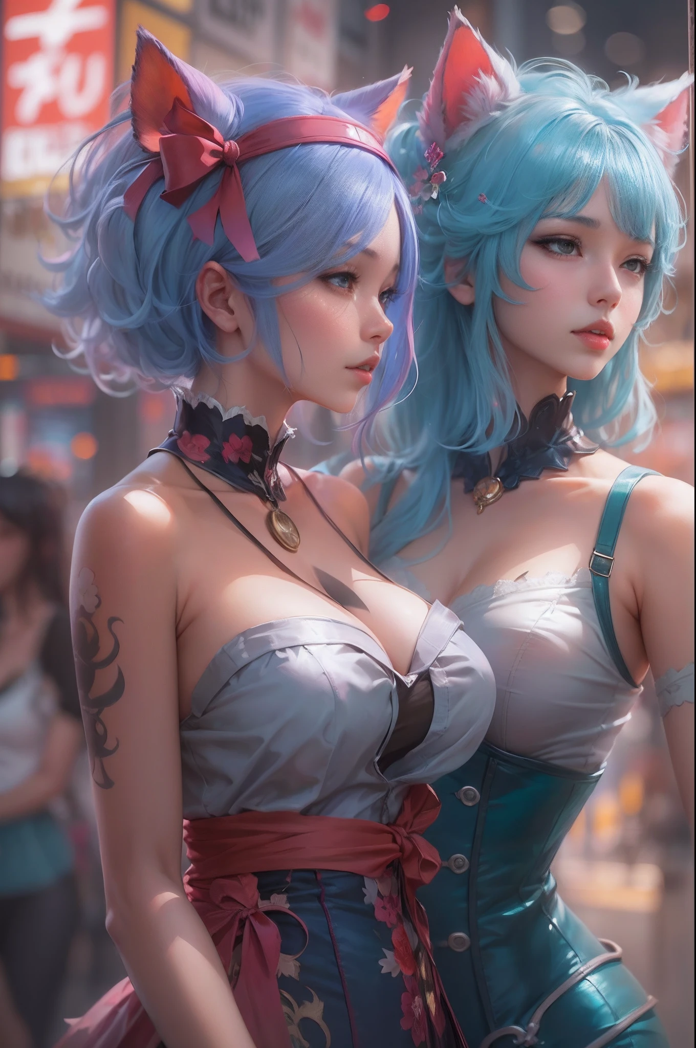 anime - style image of two women with pink and blue hair dressed in red and blue corset,  pose in Akihabara for a foto shooting, wlop and sakimichan, attractive cat girl, artwork in the style of guweiz, fantasy art style, 2. 5 d cgi anime fantasy artwork, fanart best artstation, by Yang J, trending on cgstation, wlop and ross tran, guweiz