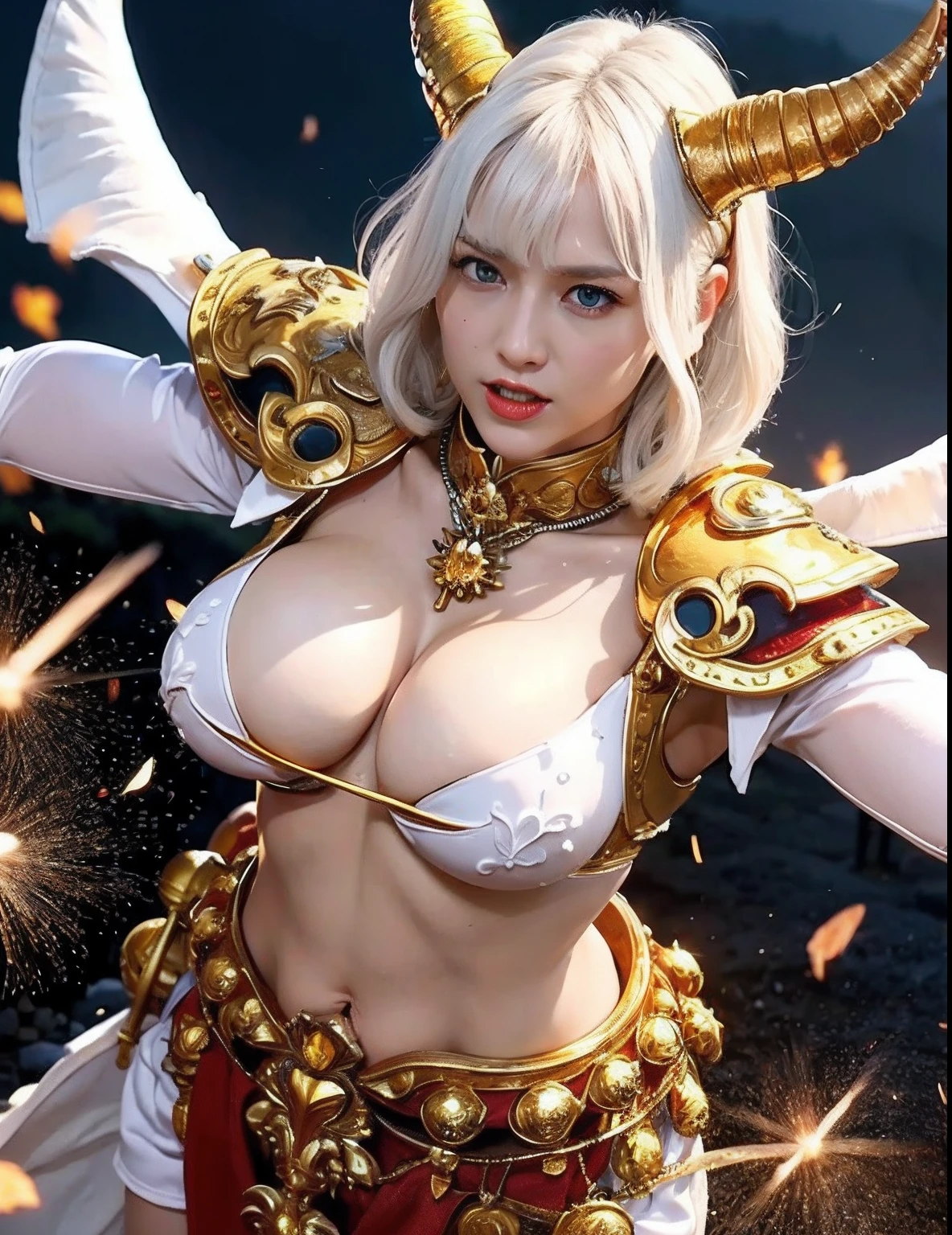 Professional , masterpiece、top-quality、photos realistic , depth of fields 、(white micro bikini armor:1.9),(Matte White、( of the breast)、Gold Weapon、Particles of light、Gemstone Body White:1.4),Gorgeous gold weapons ,(( Dragon dense and gorgeous dragon sword)) , (demonic wings) ,warhammer 40k 、((White hair))、(Castle background)、(demonic wings)、((Gangle's forest background))、Beautiful Caucasian beauty、1a person、dynamic ungle,(((Two devil's horns on the head)))、Smaller head、Idle Smile、Thin and beautiful female hands、cleavage of th、Mystical expresight Effects、intense fighting、Wind-effect、magic circles、With the legendary magic wand、Dragon's tail、