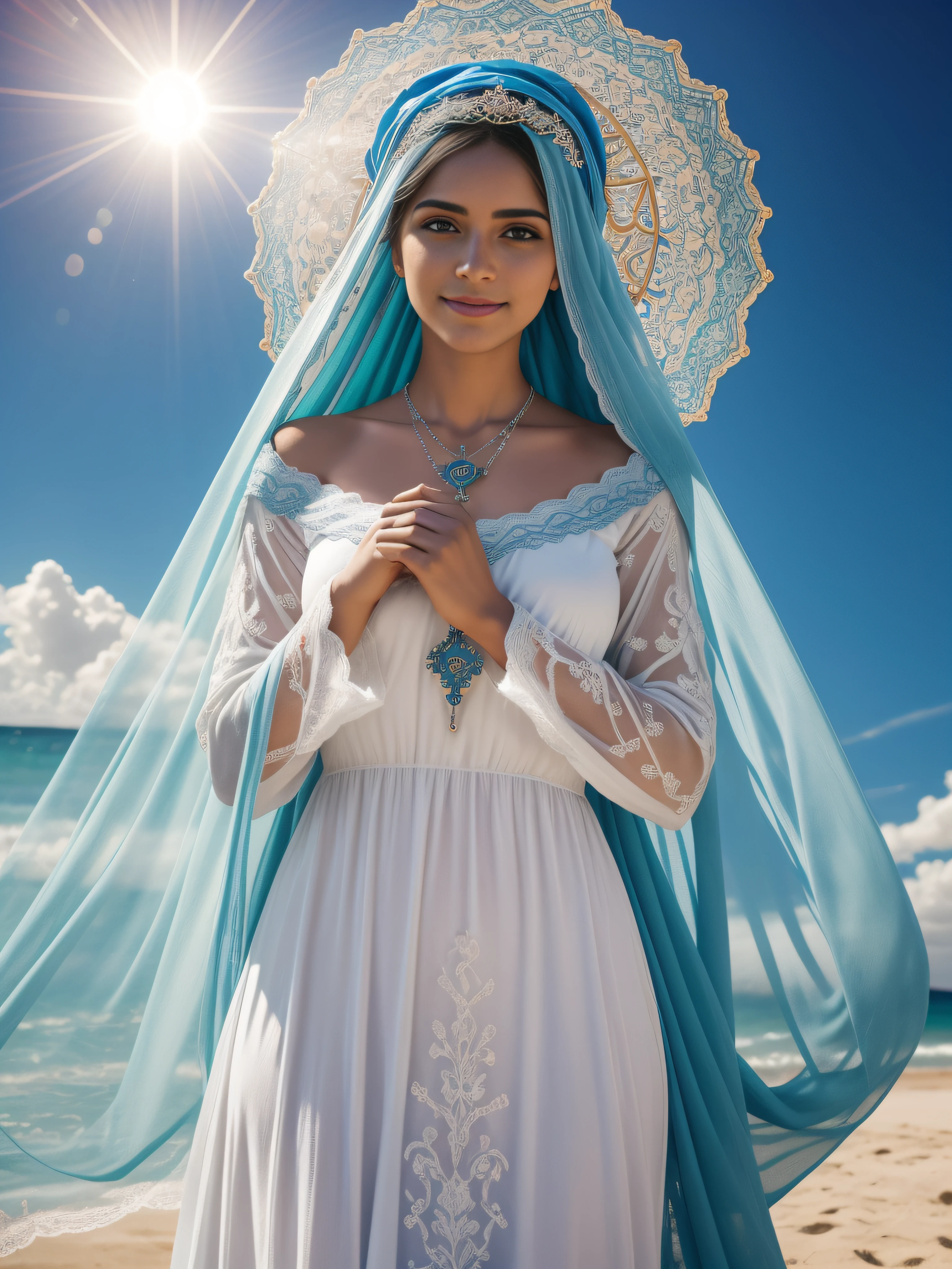 Create an image of Mary with a blue veil on her head and tunic closed to her neck full of lace details: azul claro com branco, Detalhes em dourado,  She wears a pendant hanging from her neck in the shape of a very bright cross, She has a halo of multicolored flowers on the top of her head; an aura in the colors of the rainbow that surrounds your entire body, cabelos pretos e ondulados, olhos claro e fulgurantes. sorriso suave, olhar cativante, imagem celestial. Detalhamento ultra intrincado, 8k, volumeric lighting, cinemactic. Image with resolution of at least 300dpi, intrincado, alto detalhe, Dramatic, imagem vetorial, ao fundo um grande Sol, uhd, realista