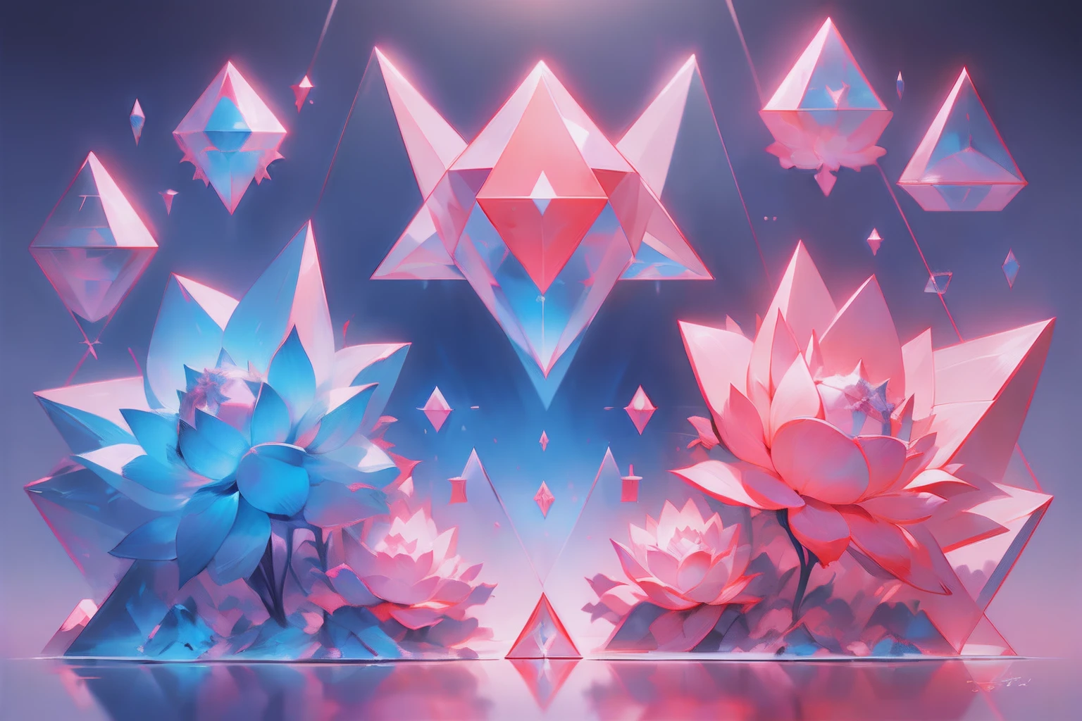 (((Geometric symmetry)))，轴对称，(((Geometric plane)))，red colour，blue colors，Colors complement each other，Diamond lotus，Diamond-shaped lotus，super detailing，rich details​，真实感，Award-winning photography，triangles，high saturated。32K