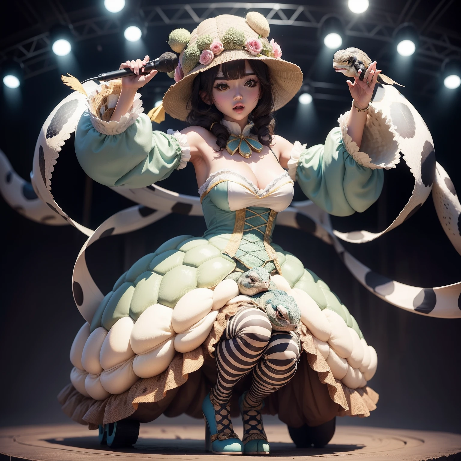 Female idol covered with tortoises（Cute costumes、）、Looks fun、full body Esbian、、