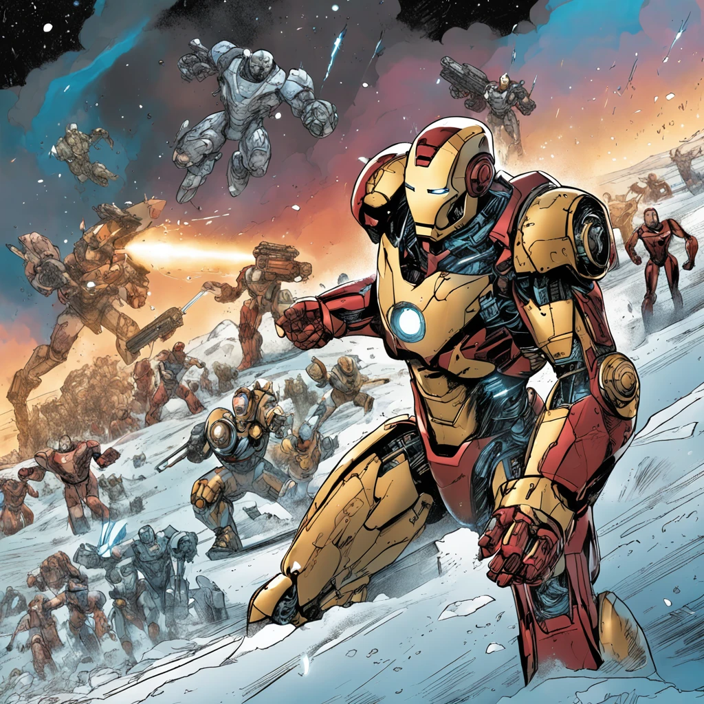 Iron Man battles an army of robots on a snowy battlefield, full bodyesbian, far, AB JLEE3, Complex facial details for all characters, Expressive eyes and nose and mouth, unzoom, author:Jim Lee Right Section Centered, Key, Visual, Complex, Highly Detailed, Breathtaking, Precise Line Art, Vibrant Panorama Film