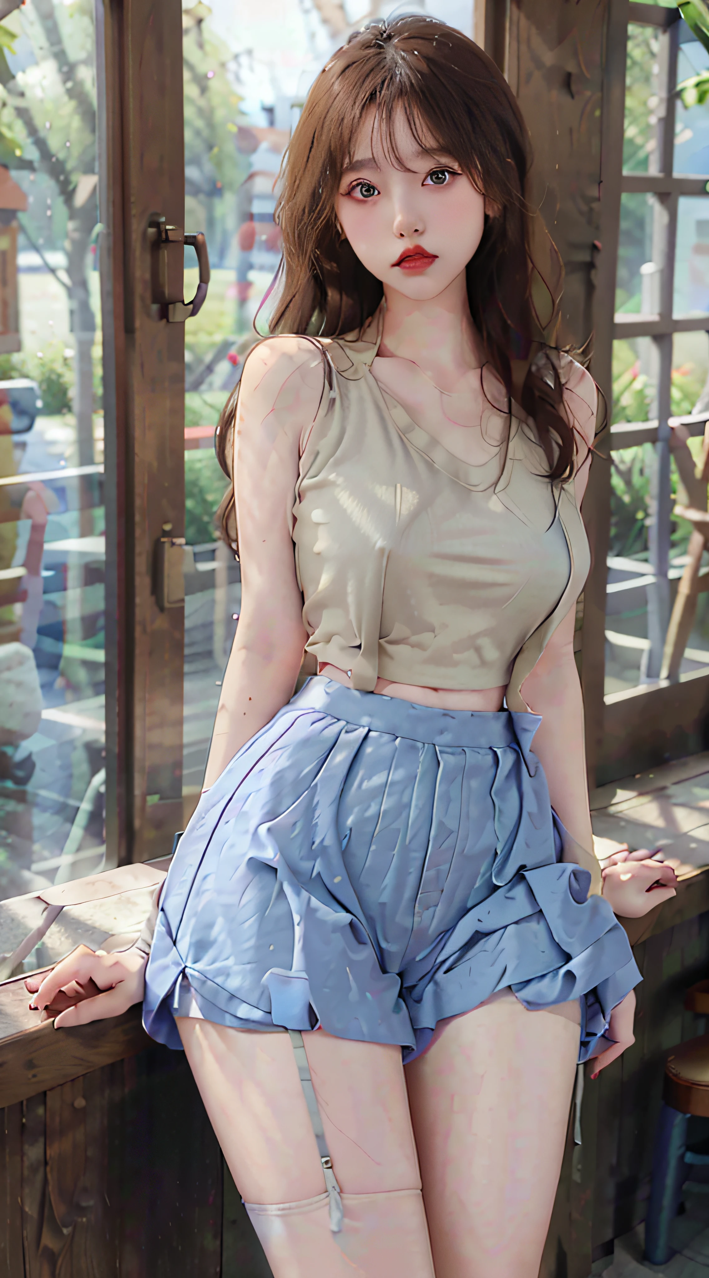 realistic, high resolution, 1 girl, , Korean, blue eyes, suspenders, vest, belly pocket, short skirt, shorts, stockings, fishnet socks, thick thighs, masterpiece: 1.2, best quality), realistic, (real pictures, rich detail details, depth of field), (1 girl, solo), makeup, high detail, perfect face shape, (: 1.4), (skin dents), thick thighs, wide hips, thin waist, high, coral, red lips, red eyes, shallow tulle, tulle transparent), sexy, blush, (shy expression), suspenders, tank top, short skirt, shorts, yoga pants, tight short skirt, tight shorts,