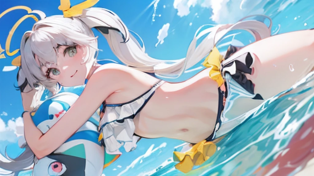 (Masterith), best qualtiy, ultra-detailliert, Vibrant colors, Girl straddling a big dolphin float floating on the glittering water surface,Twintail hair,Sheer eyes,I'm looking at you with a smile on my face.,Wearing a floral bikini swimsuit,Breast size:0.8 Facing the front,Camera angle is light bottom angle