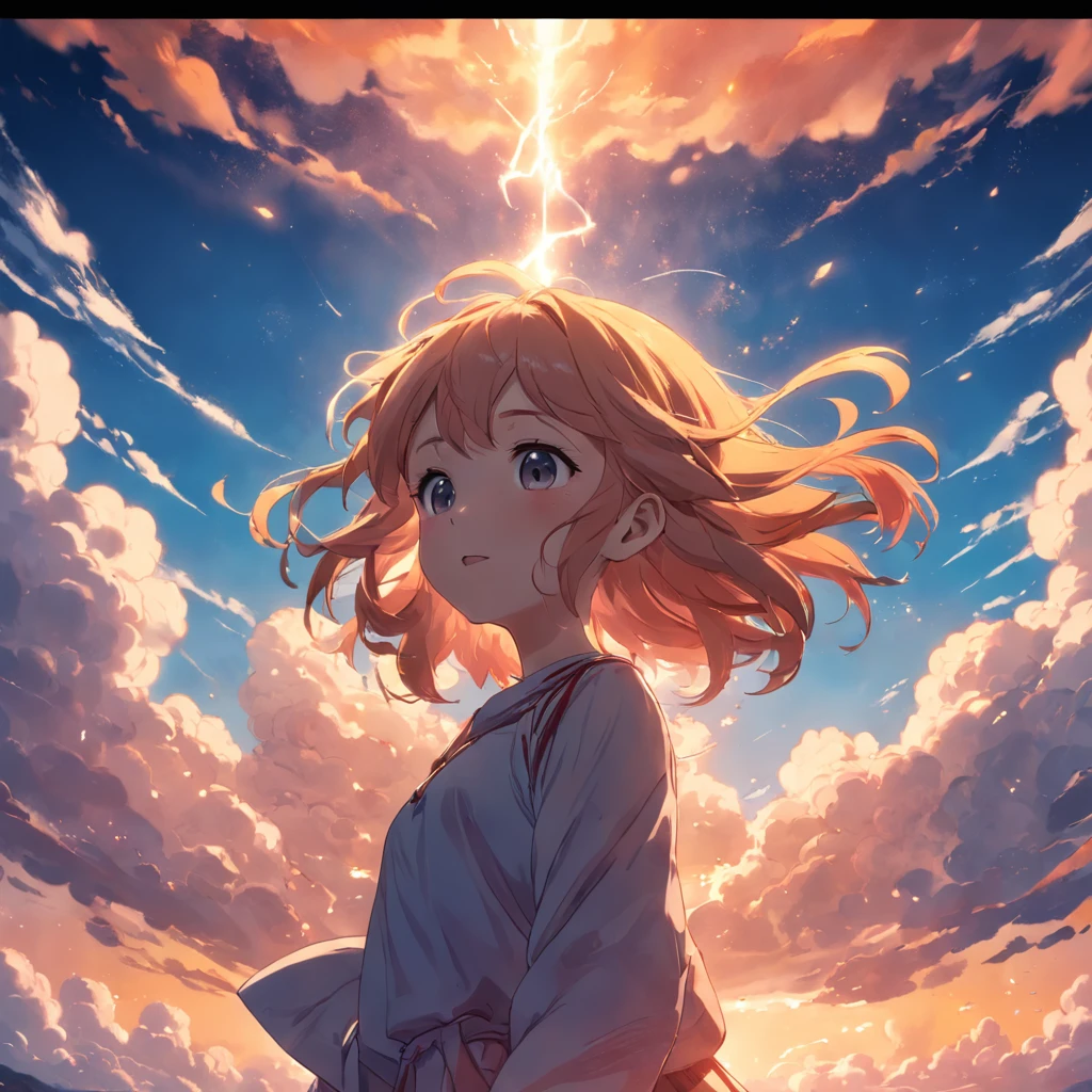 masterpiece, best quality, movie still, 1girl, cloud girl, floating in the sky, close-up, bright, happy, warm soft lighting, sunset, (sparks:0.7)
