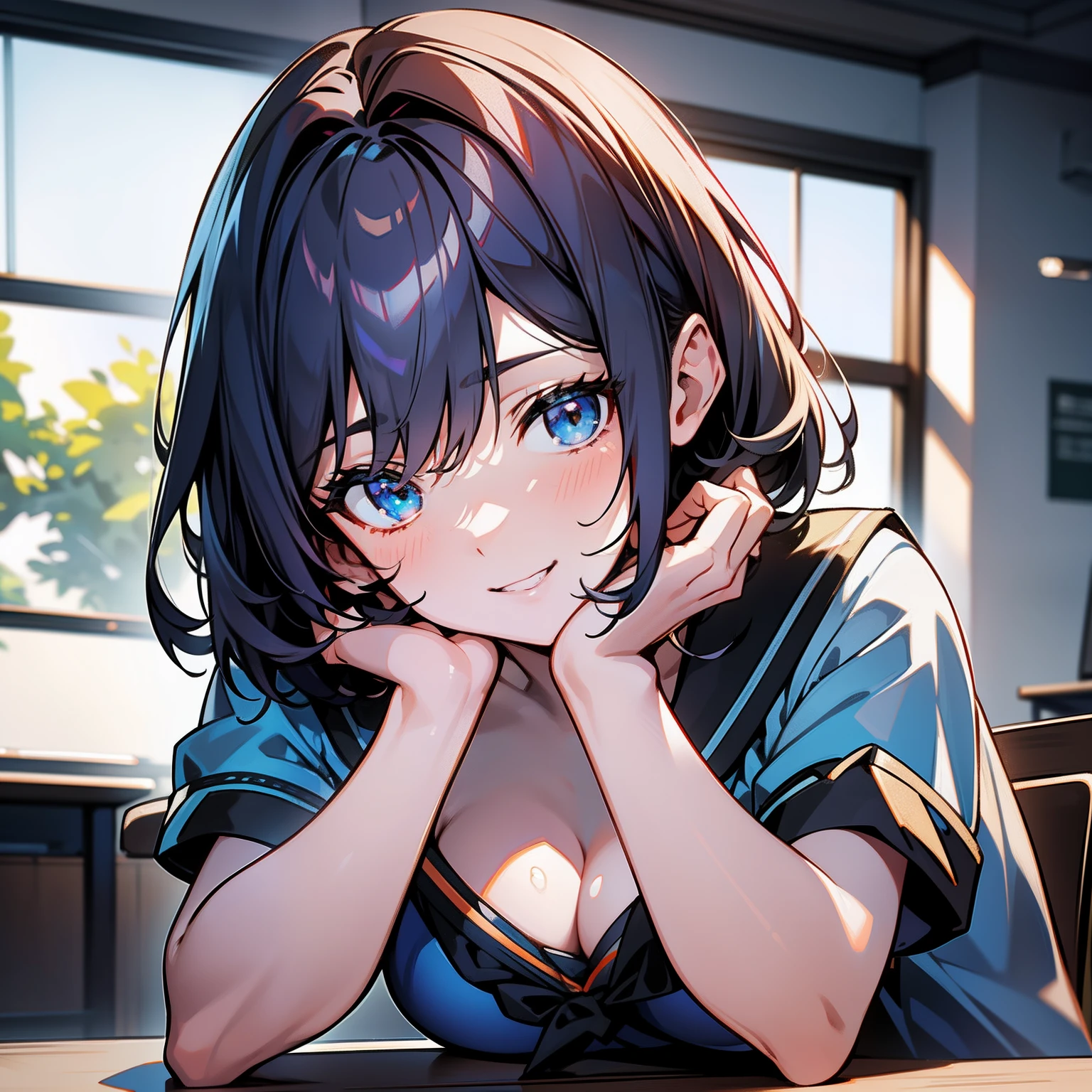 Blue-orange curls are curved inward，It belongs to short-haired，There is a strong sense of freshness and freshness,girl with,serafuku, hands on one's face, Elbows on the desk, Sit up, ‎Classroom, sunlights, window, see the beholder, Toothy smile, I can see the cleavage:1.2, Best Quality,Ultra-detailed, High resolution, extremely details CG, Unity 8k壁纸, Official art, production art, novel illustration, by famous artist, Caustics, textile shading, super detailed skin, Perfect Anatomy, Detailed, Cinematic lighting, Dynamic lighting, Beautiful detailed eyes, (top-quality), (ultra-detailliert), (masuter piece), (hight resolution), (Original), Character Design, Game CG, Detailed Manga Illustration, Realistic head-to-body size ratio:1.2