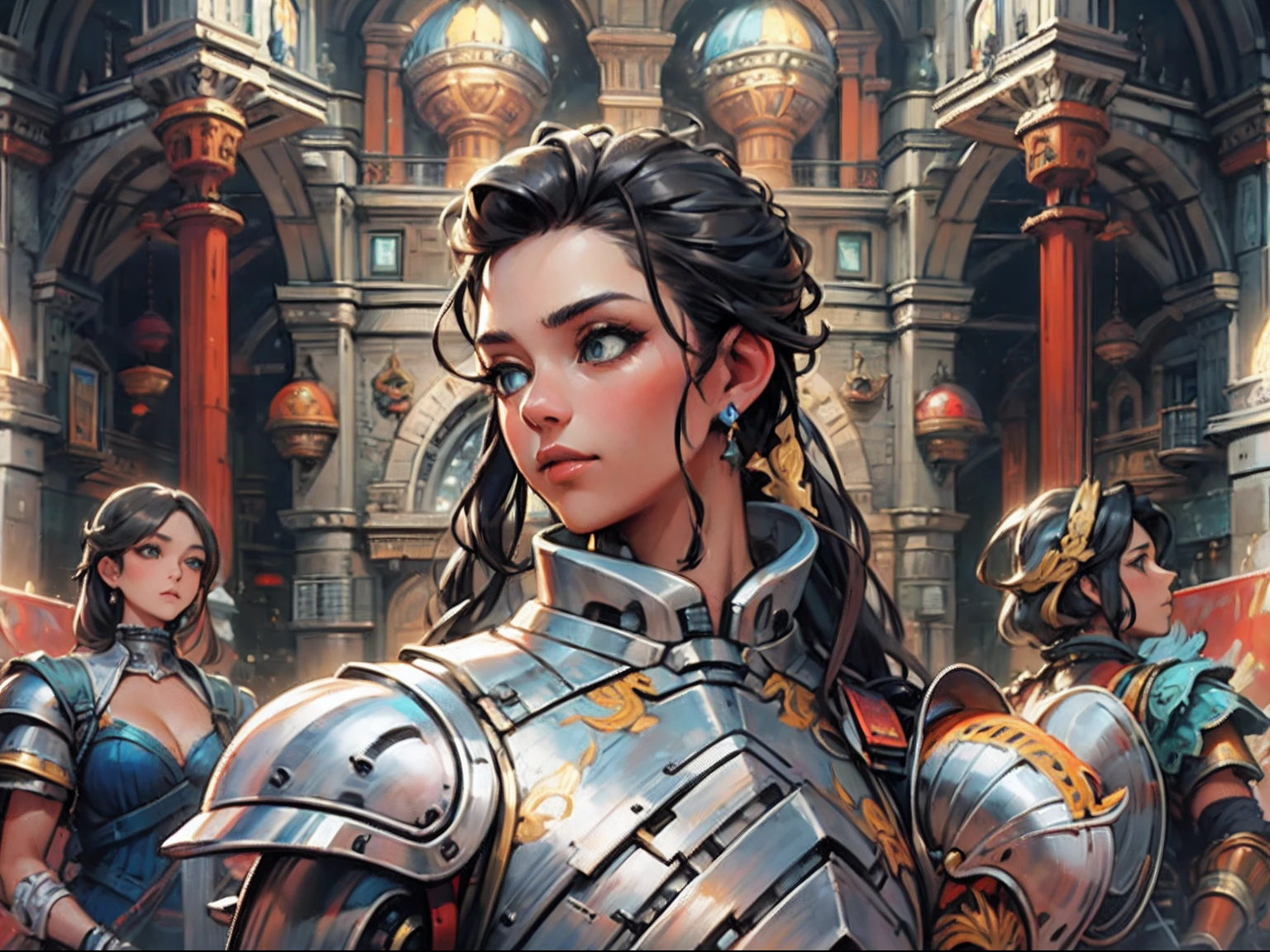 arafed, high details, best quality, 8k, [ultra detailed], masterpiece, best quality, (extremely detailed), dynamic angle, ultra wide shot, RAW, photorealistic, a wide angle picture of a wedding between a knight and her prince in medieval castle, a female human knight, pic beautiful human woman (best details, Masterpiece, best quality), ultra detailed face (best details, Masterpiece, best quality), blond hair, long hair, wavy hair, green eyes, wearing heavy mecha armor, mechanical parts white armor, intricate details armor (best details, Masterpiece, best quality), white metallic armor, armor shines BREAK, [[and]] a human male prince, beautiful human man (best details, Masterpiece, best quality), ultra detailed face (best details, Masterpiece, best quality), black hair, short hair, blue eyes, wearing, medieval style clothes (best details, Masterpiece, best quality), noble clothes, fantasy castle background, Ultra-Wide Angle, high detail, award winning, best quality, HD, 16K, 3D rendering, high details, best quality, highres, ultra wide angle, 3D rendering, [[anatomically correct]]