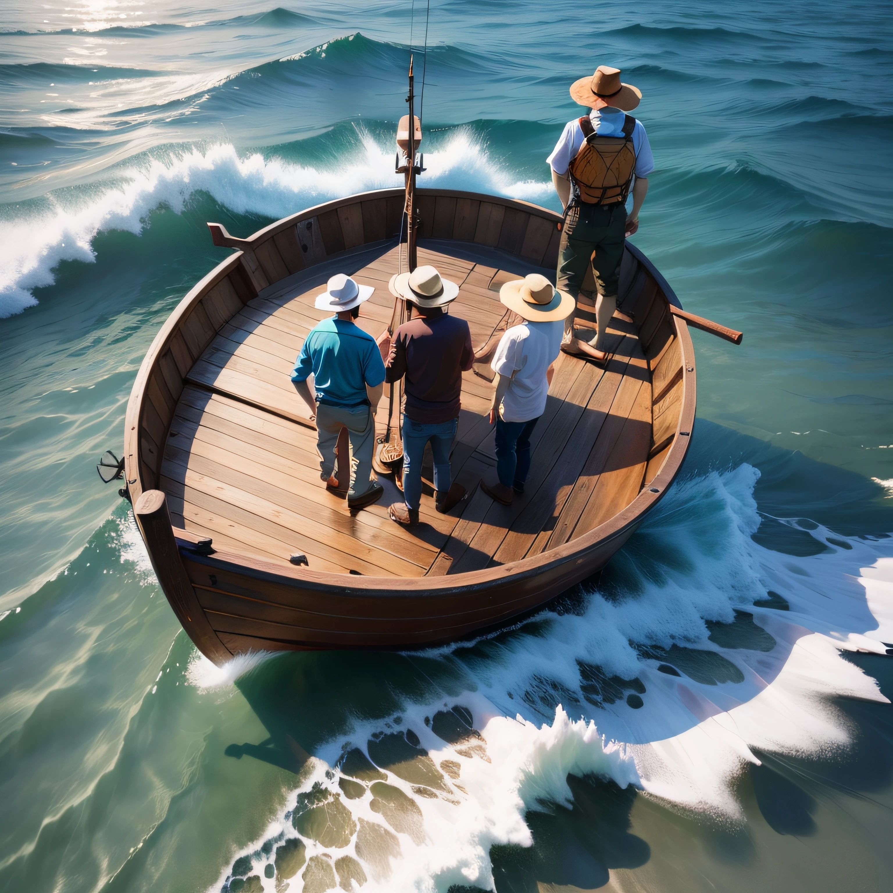 Several people stand on a small wooden boat fishing，the ocean