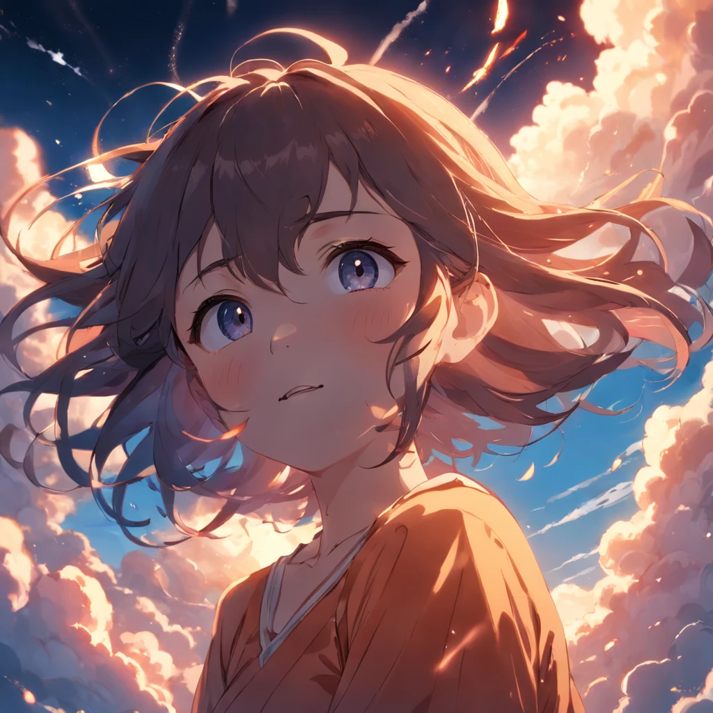 masterpiece, best quality, movie still, 1girl, cloud girl, floating in the sky, close-up, bright, happy, warm soft lighting, sunset, (sparks:0.7)