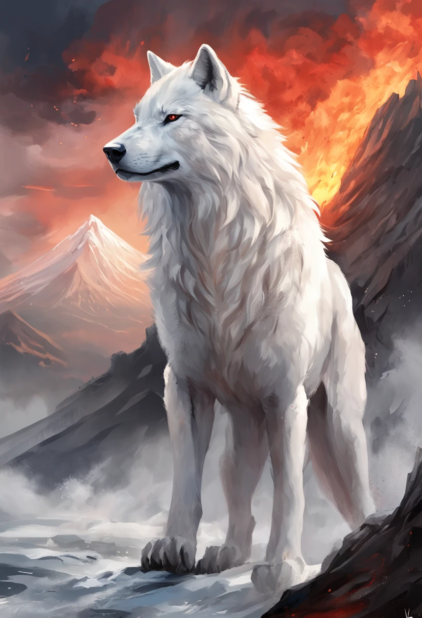 A white wolf stands in front of a volcano，The volcano ahead erupts with billowing magma，The sky is dark red，The location away from the crater is endless black，In front of this white wolf, countless beast-shaped black shadows rushed towards it，This white wolf was unafraid, and his eyes were firm，Shimmering with a faint blue light，The whole picture is oppressive and majestic。