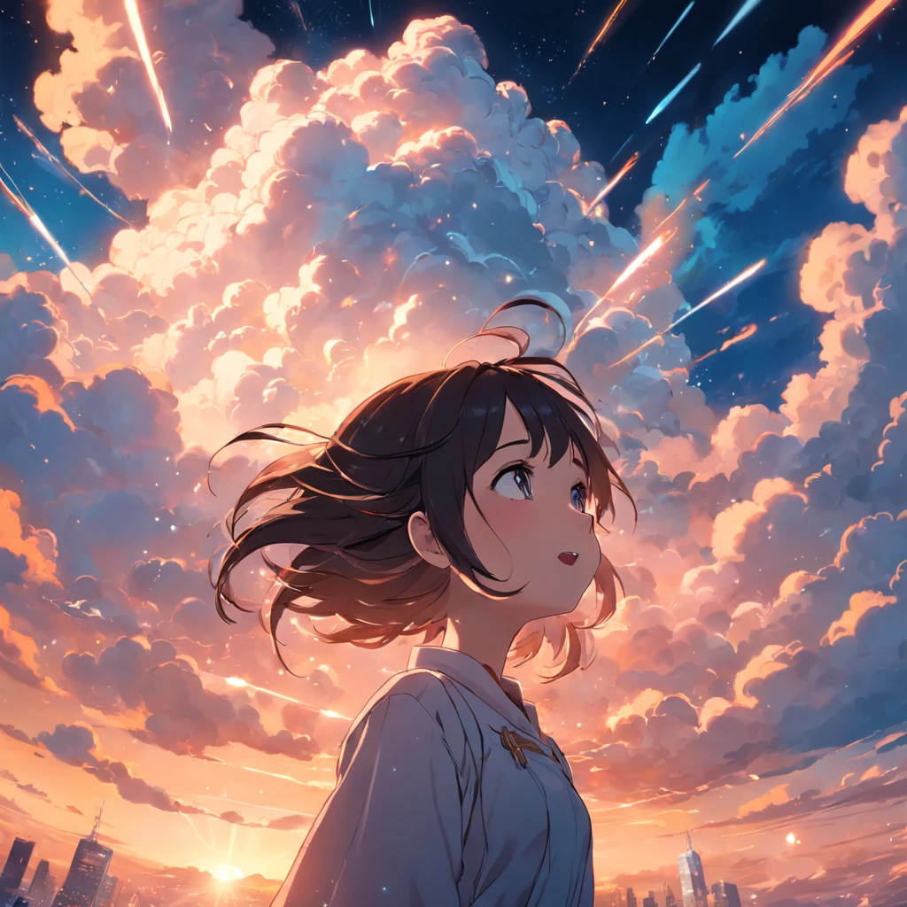 masterpiece, best quality, movie still, 1girl, cloud girl, floating in the sky, close-up, bright, happy, warm soft lighting, sunset, (sparks:0.7)