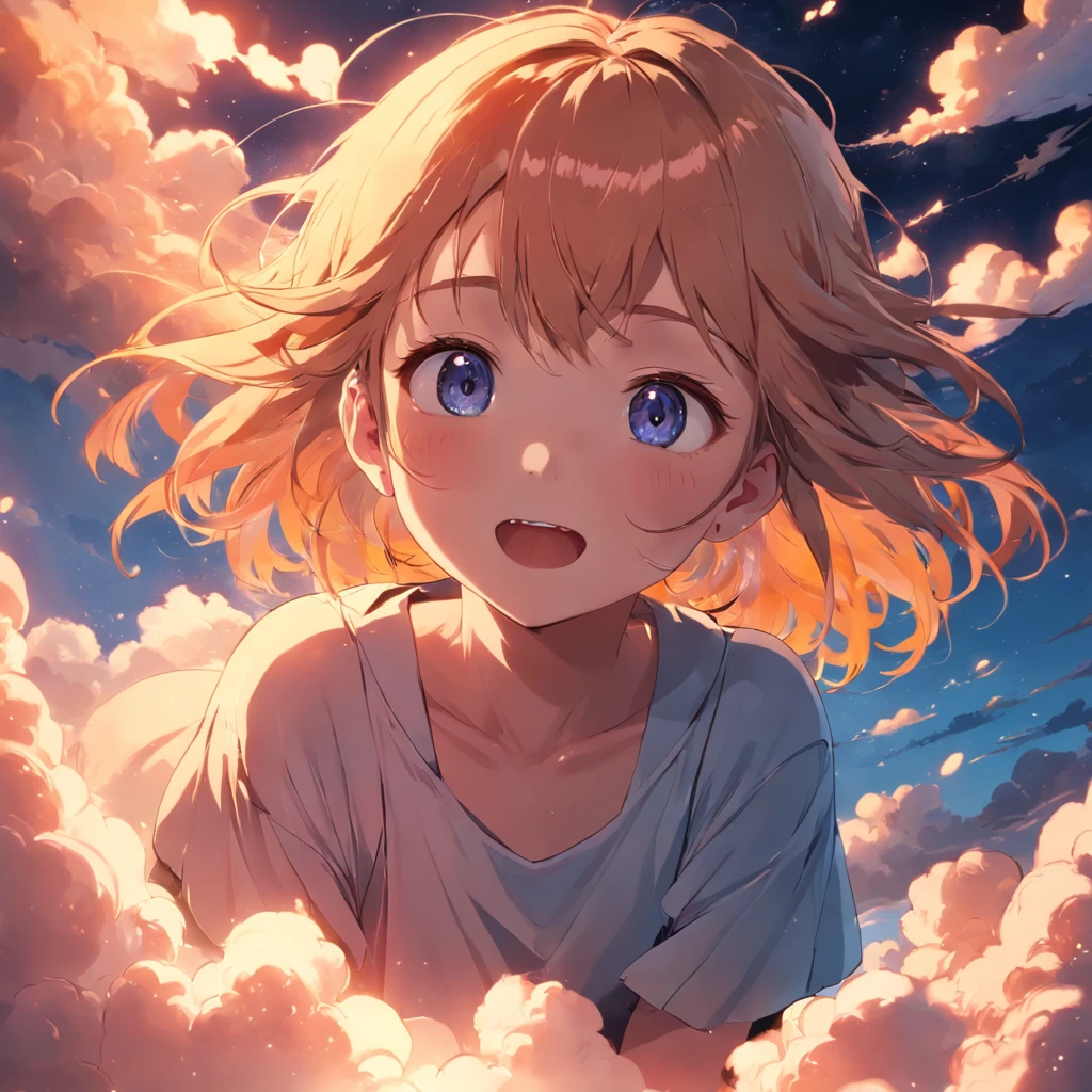 masterpiece, best quality, movie still, 1girl, cloud girl, floating in the sky, close-up, bright, happy, warm soft lighting, sunset, (sparks:0.7)
