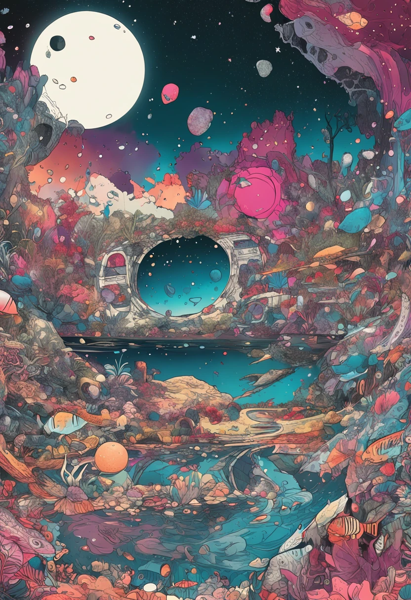 fish-eye lens、Super complex and detailed cosmic background, Countless twinkling galaxies and stars, Fantastic and sacred 、Countless small lights flashing、Blend into the darkness, Super complex, (Colorful colors = wanting) Flooded in (Despair = Dark Universe) A masterpiece that will continue to win many awards.