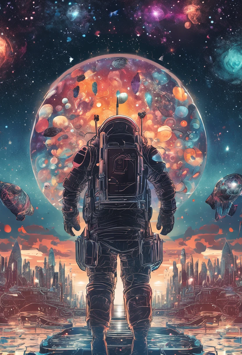 fish-eye lens、Super complex and detailed cosmic background, Countless twinkling galaxies and stars, Fantastic and sacred 、Countless small lights flashing、Blend into the darkness, Super complex, (Colorful colors = wanting) Flooded in (Despair = Dark Universe) A masterpiece that will continue to win many awards.