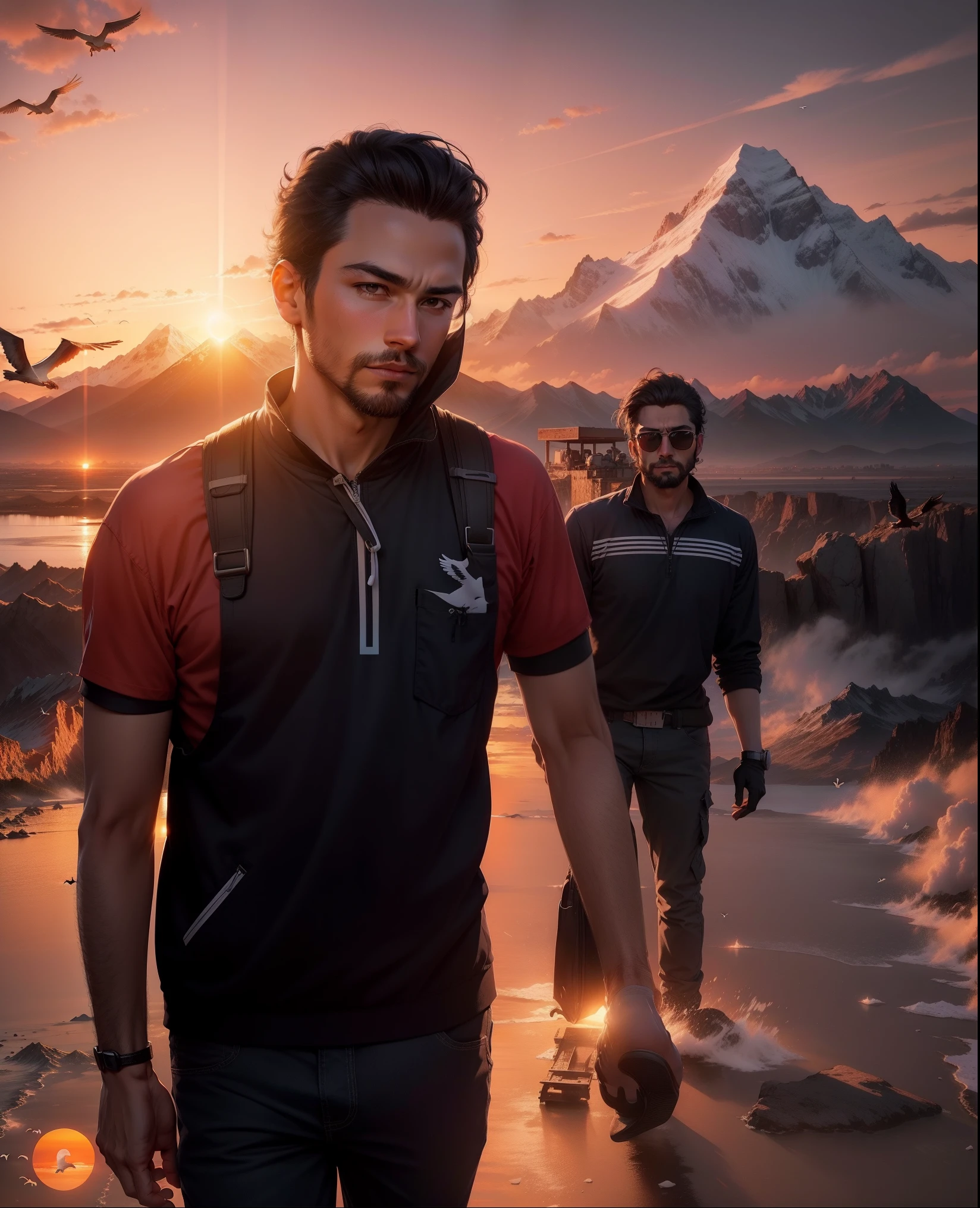 Sunset ,background mountain, flying birds, original face,
