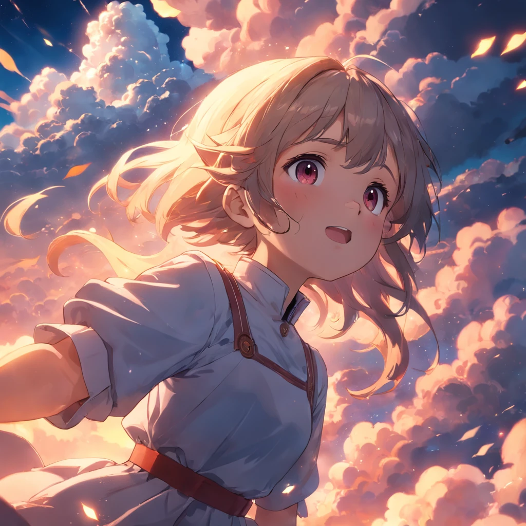 masterpiece, best quality, movie still, 1girl, cloud girl, floating in the sky, close-up, bright, happy, warm soft lighting, sunset, (sparks:0.7)