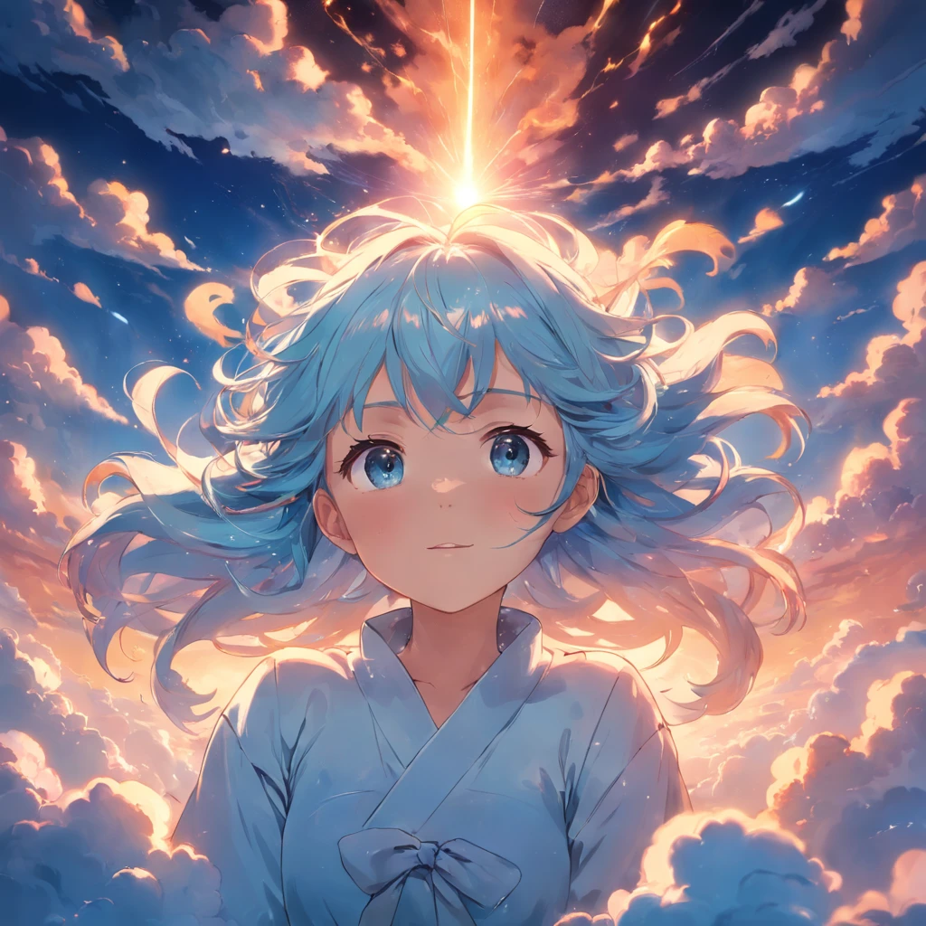 masterpiece, best quality, movie still, 1girl, cloud girl, floating in the sky, close-up, bright, happy, warm soft lighting, sunset, (sparks:0.7)