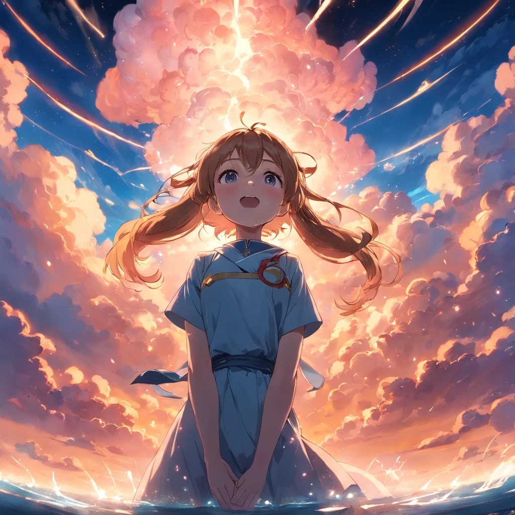 masterpiece, best quality, movie still, 1girl, cloud girl, floating in the sky, close-up, bright, happy, warm soft lighting, sunset, (sparks:0.7)
