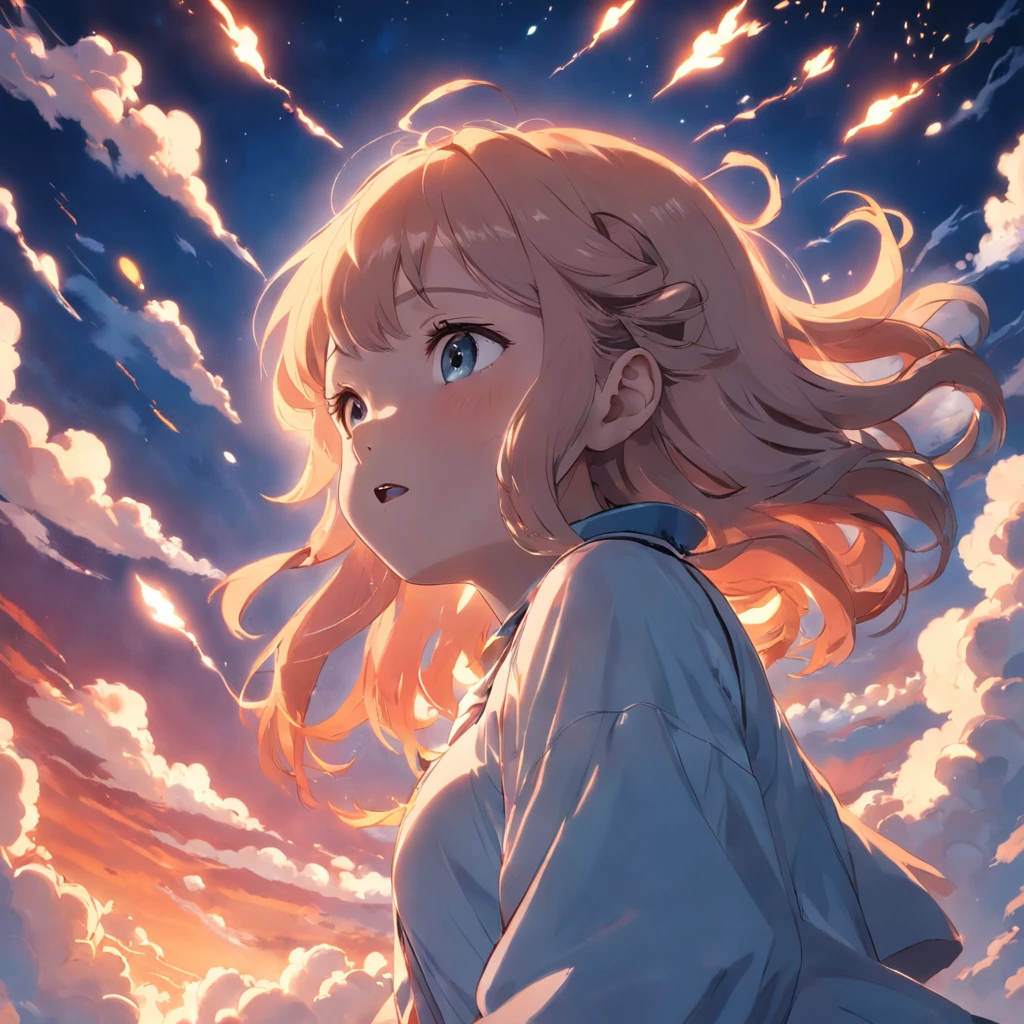 masterpiece, best quality, movie still, 1girl, cloud girl, floating in the sky, close-up, bright, happy, warm soft lighting, sunset, (sparks:0.7)