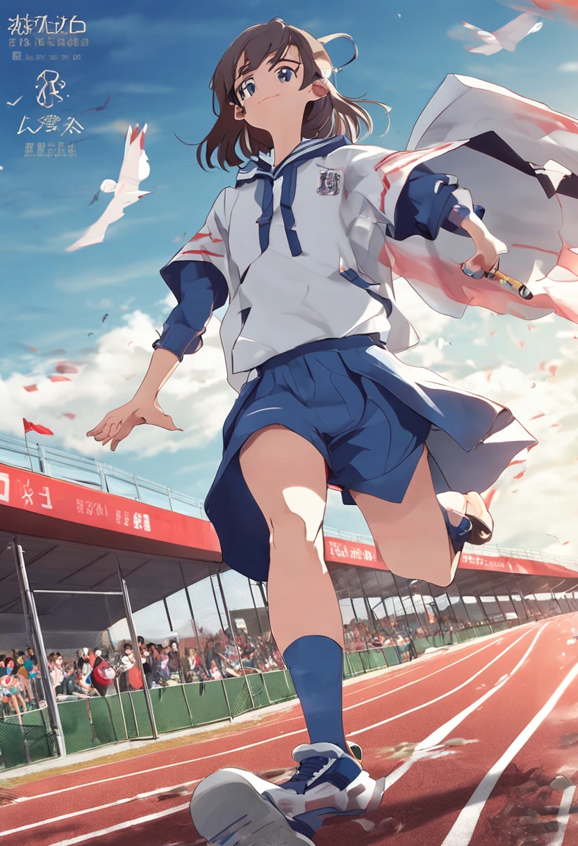 Japan Female Students、Sandpit of the athletics stadium、Long jump、Athletics Uniforms、Very thin、Flying state