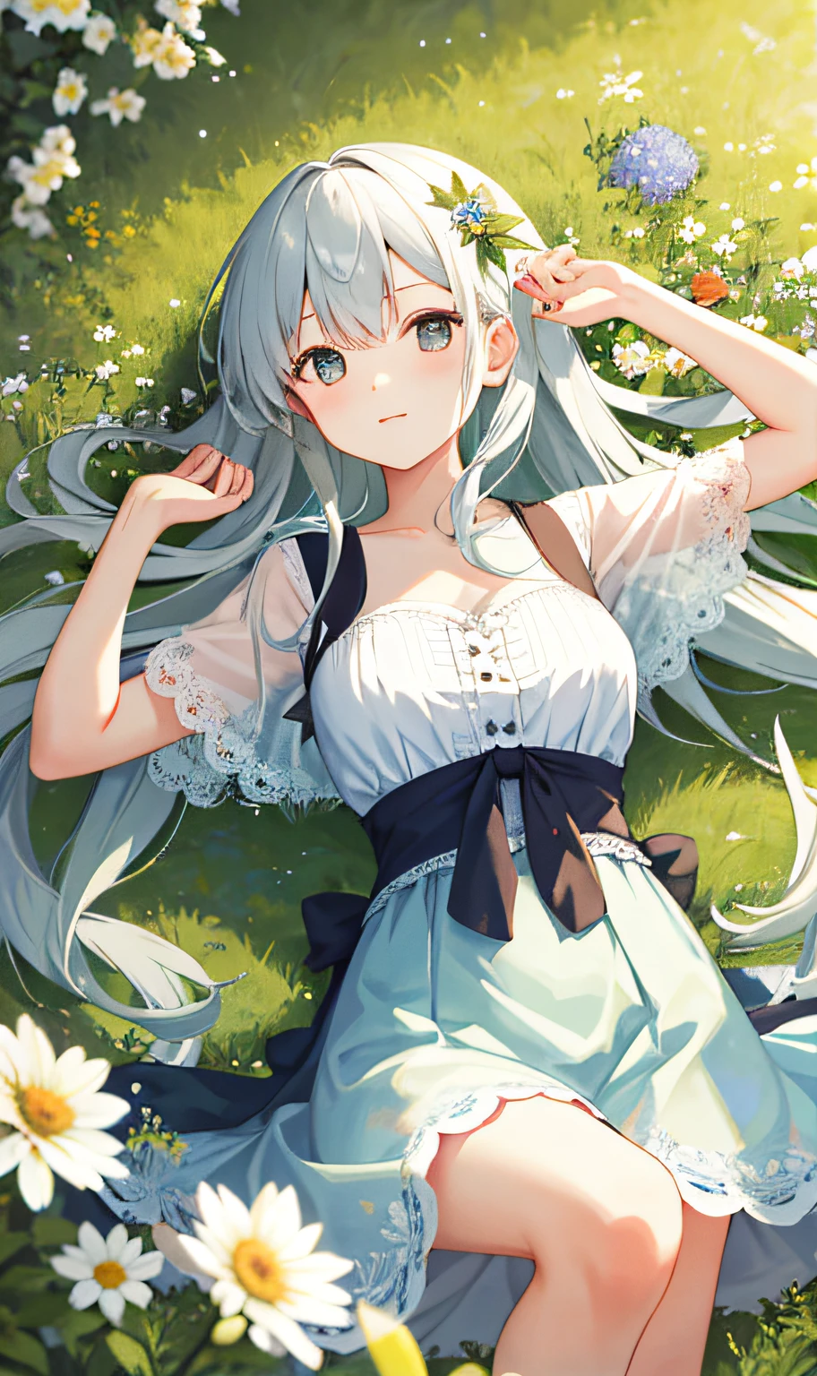 (tmasterpiece,best qualtiy),1 girl with long white hair lying half-naked in a field of greenery and flowers,warmly lit,Blurred foreground