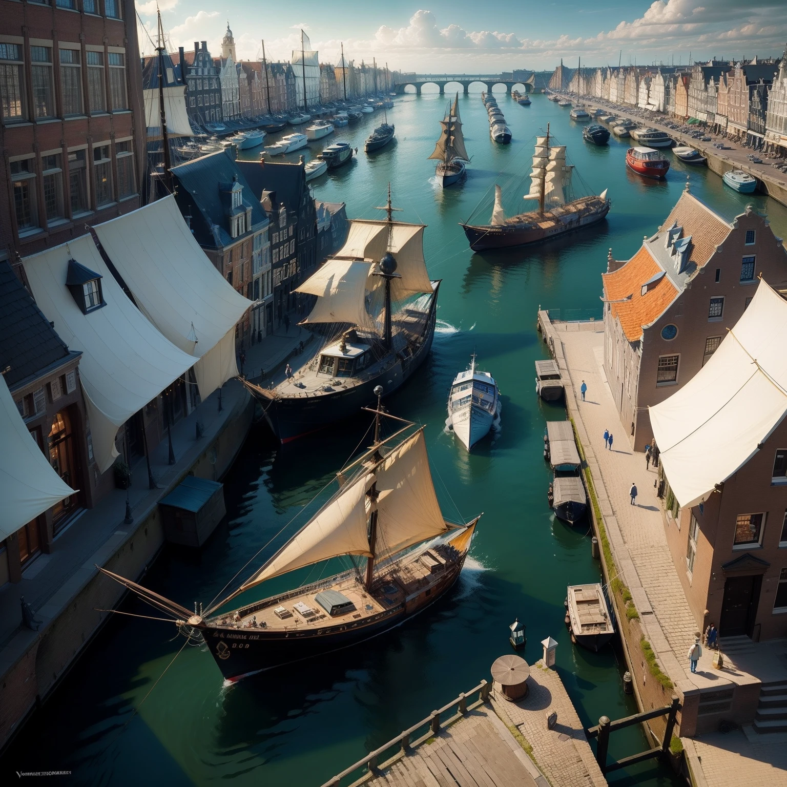 Old port of Amsterdam with yachts, Vermeer's paintings