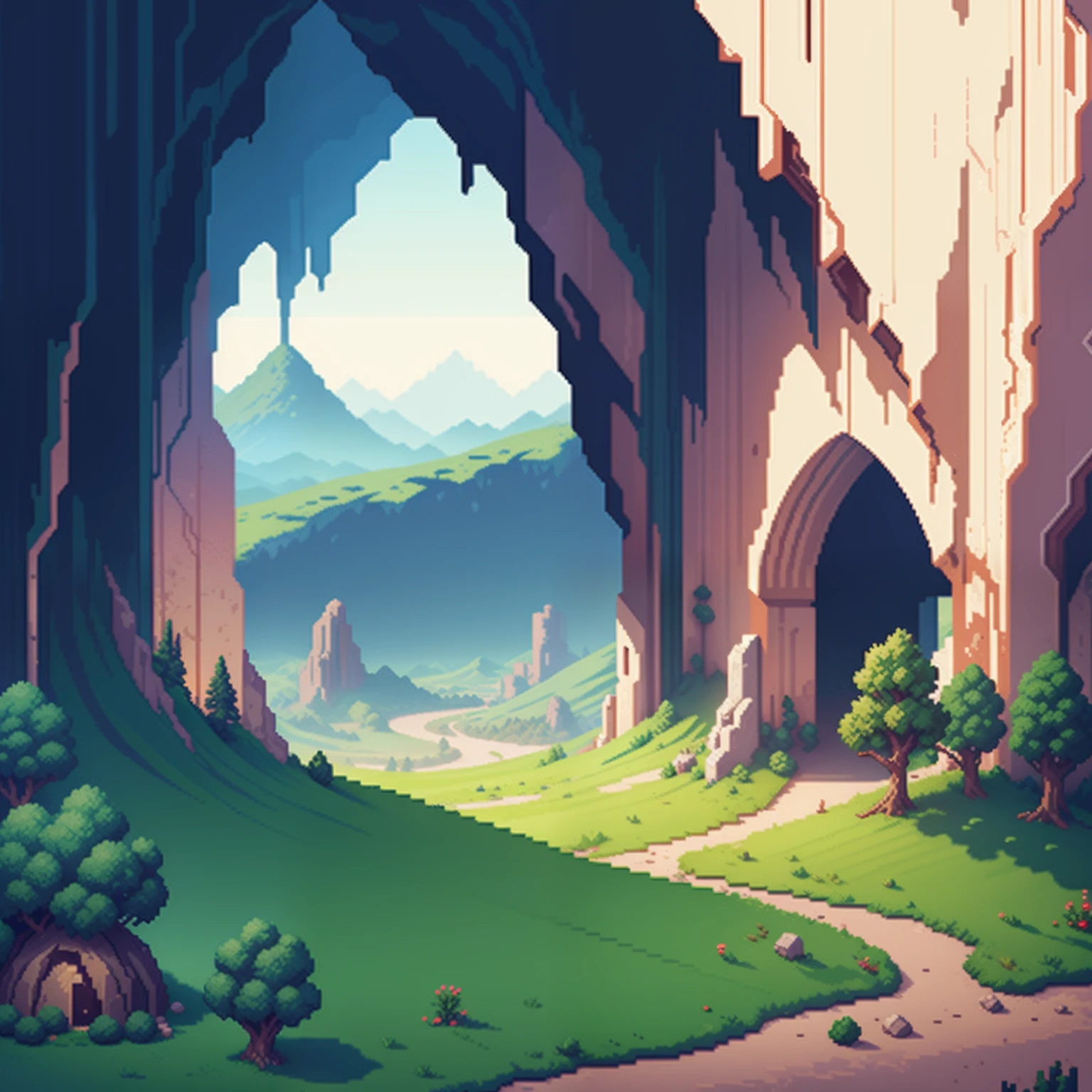 Pixel Art Background, wide scene, landscape, 32-bit pixel art