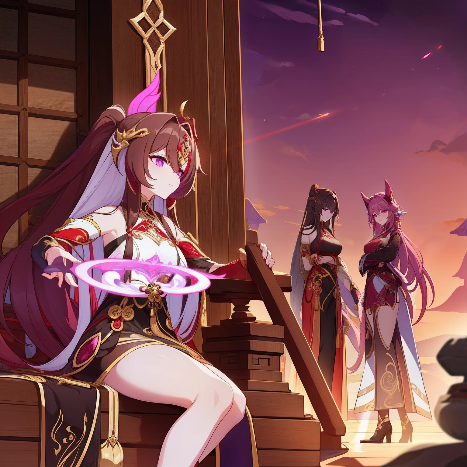 Woman, messy light brown long hair with a purple tint, dragon horns and tail, white and black Chinese dress with tight-fitting elements on her arms and legs, gold divine light, God's gaze, a sun circle, indifferent and cold gaze, light lipstick, light eyes