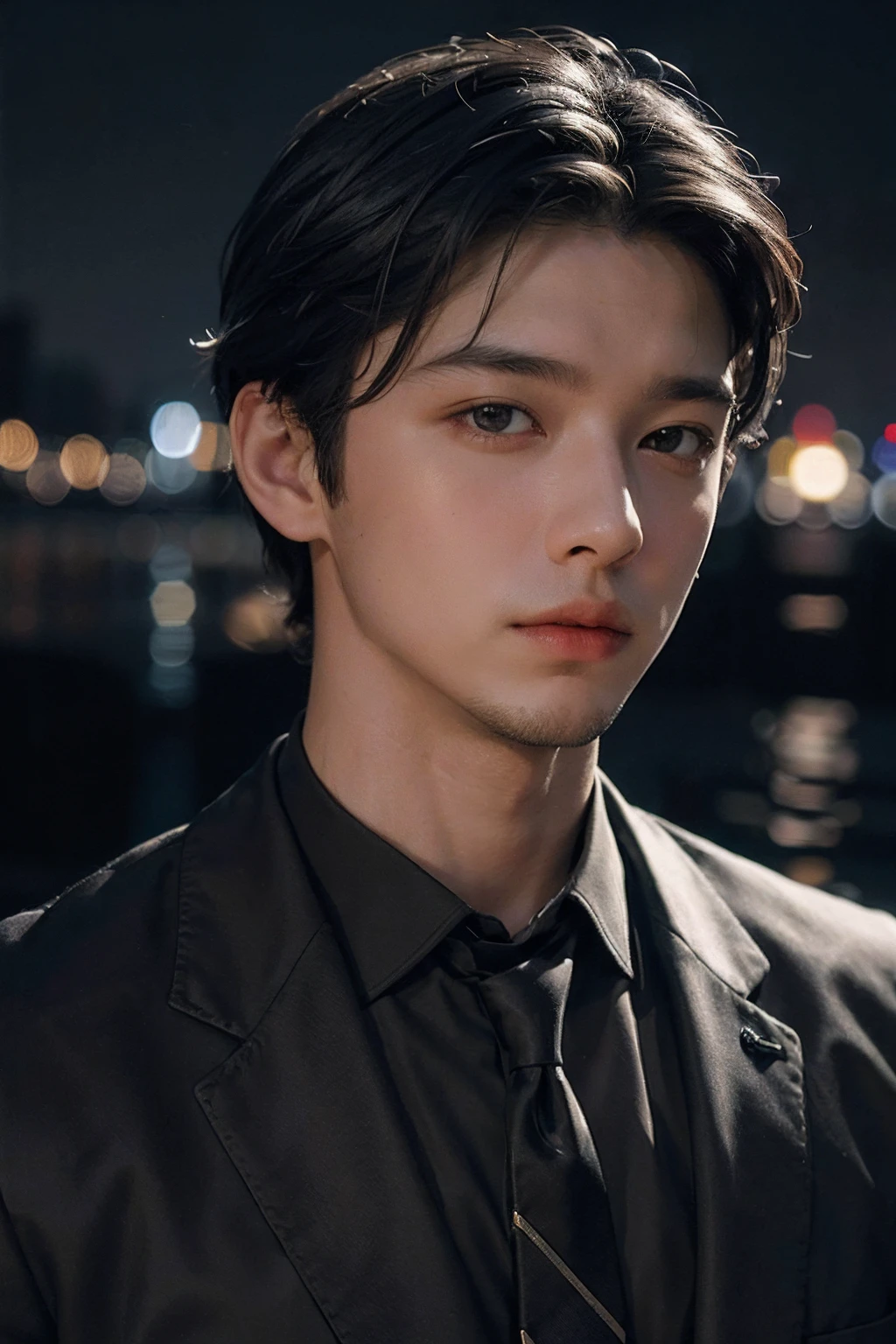 Best quality, masterpiece, ultra high res, (photorealistic:1.4), raw photo, young handsome male, black hair, (night city background:1.2)