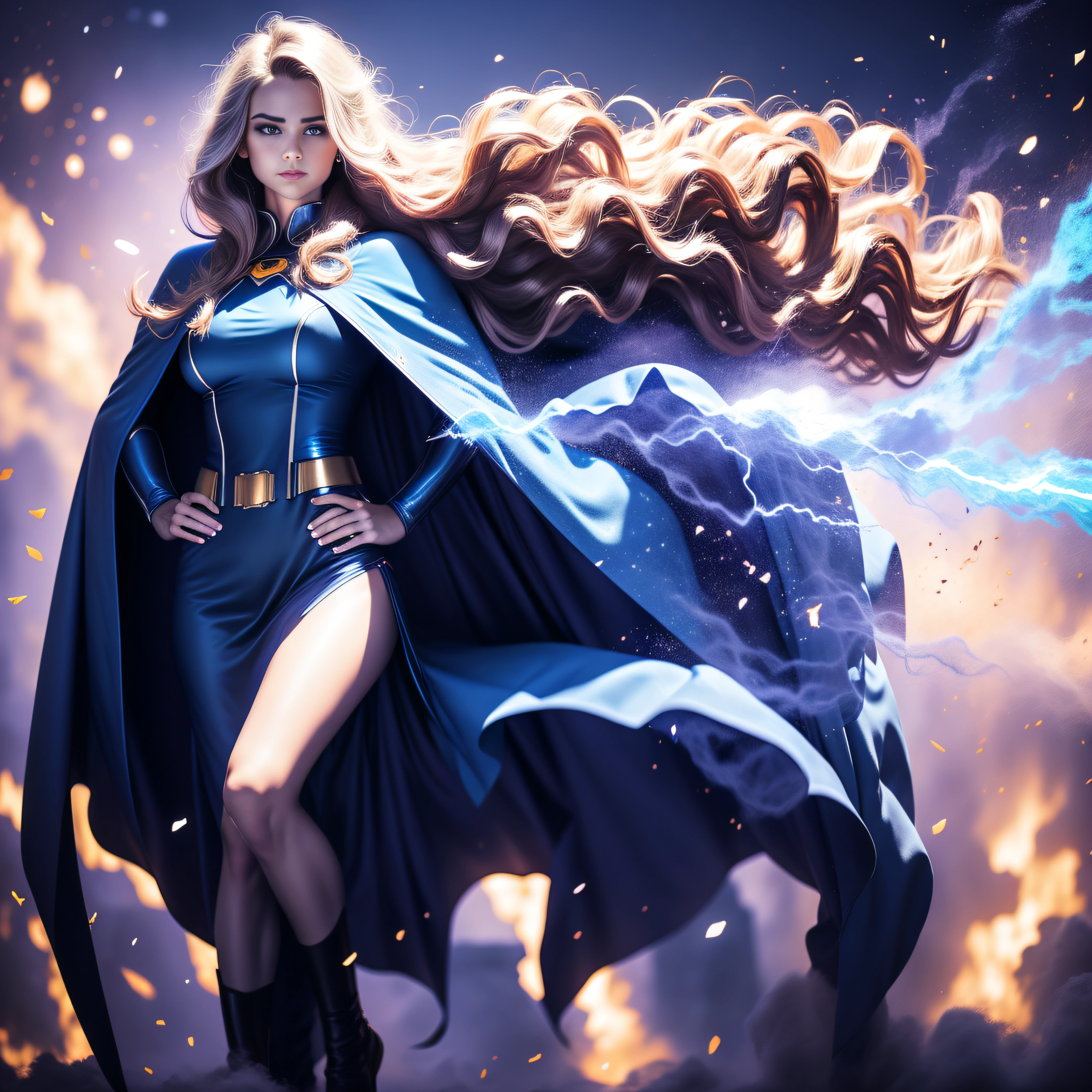 confident heroic single woman, long electric hair, (blue cape flapping on the left:1.3), (business trousers:1), hands on hips, explosion of digital glowing particles background