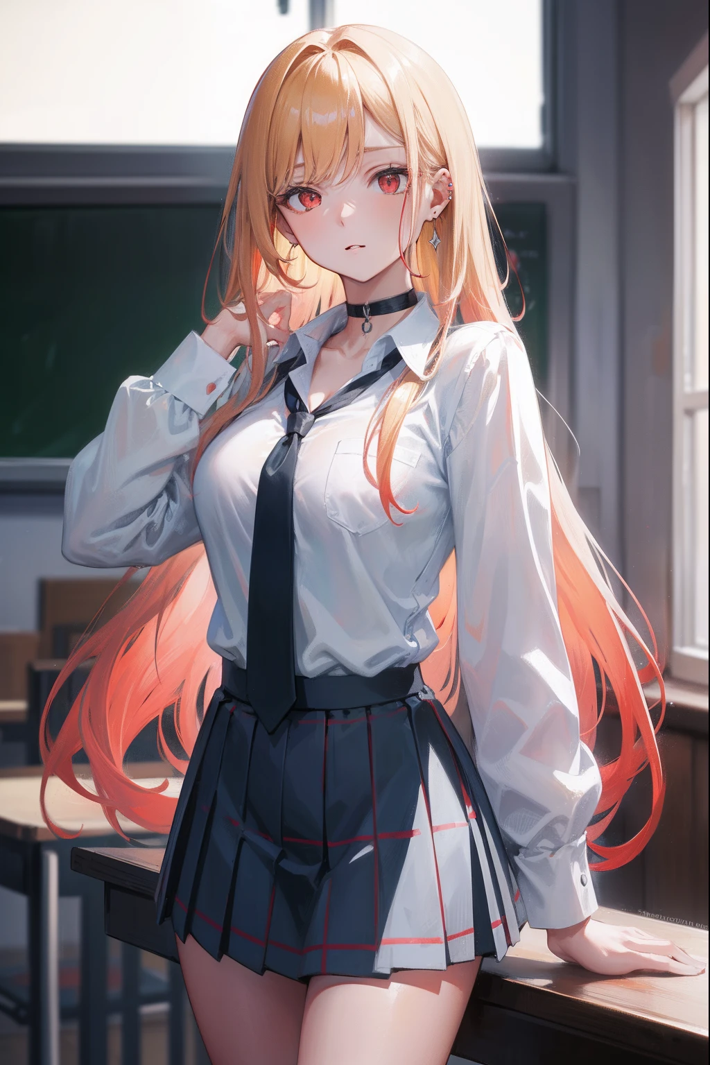 marinkitagawa, marin kitagawa, blonde hair, choker, ear piercing, earrings, long hair, piercing, (red eyes:1.5), straight hair, swept bangs,
BREAK black necktie, long sleeves, pleated skirt, school uniform, shirt, skirt, sleeves rolled up, white shirt, cleavage,
BREAK indoors, classroom,
BREAK looking at viewer, BREAK (masterpiece:1.2), best quality, high resolution, unity 8k wallpaper, (illustration:0.8), (beautiful detailed eyes:1.6), extremely detailed face, perfect lighting, extremely detailed CG, (perfect hands, perfect anatomy),