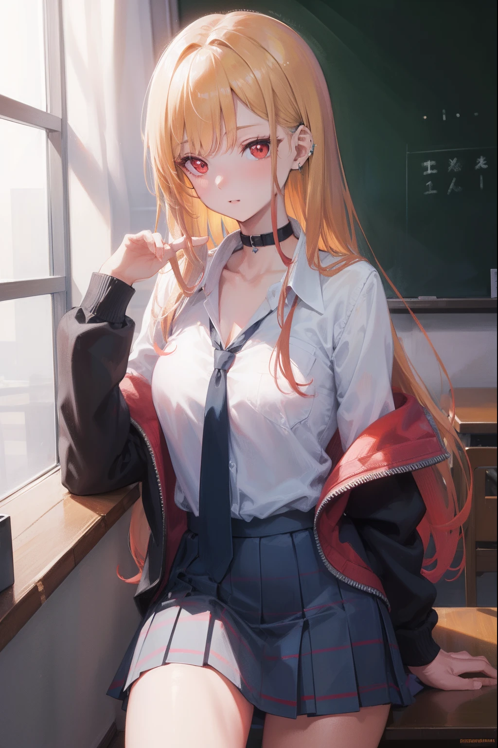 marinkitagawa, marin kitagawa, blonde hair, choker, ear piercing, earrings, long hair, piercing, (red eyes:1.5), straight hair, swept bangs,
BREAK black necktie, long sleeves, pleated skirt, school uniform, shirt, skirt, sleeves rolled up, white shirt, cleavage,
BREAK indoors, classroom,
BREAK looking at viewer, BREAK (masterpiece:1.2), best quality, high resolution, unity 8k wallpaper, (illustration:0.8), (beautiful detailed eyes:1.6), extremely detailed face, perfect lighting, extremely detailed CG, (perfect hands, perfect anatomy),