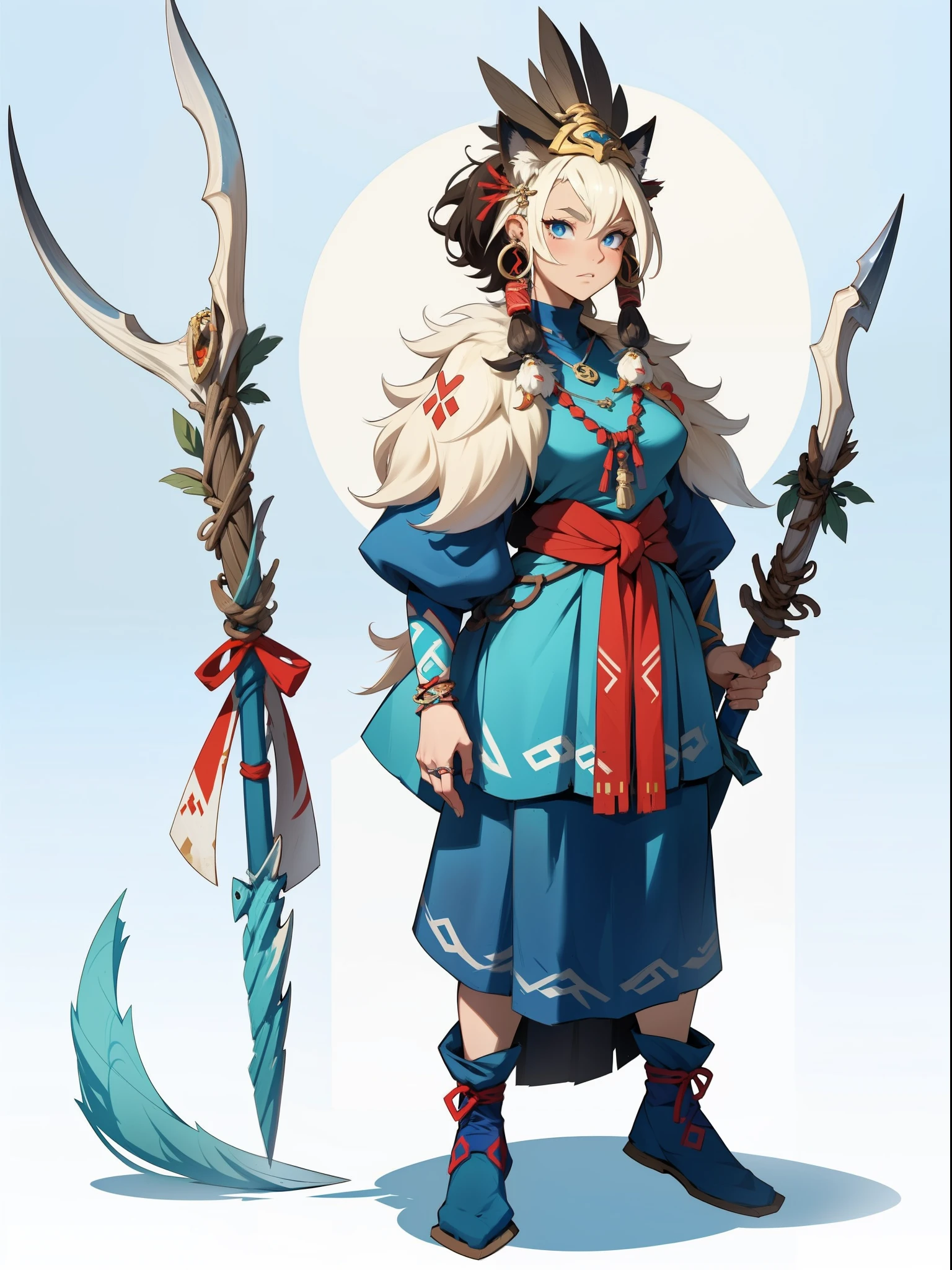 1girll ，1girll，(独奏)，full bodyesbian，European and American cartoon design，Primitive tribal elements，standing on your feet，Holding a weapon，feater，blue clothes，white backgrounid