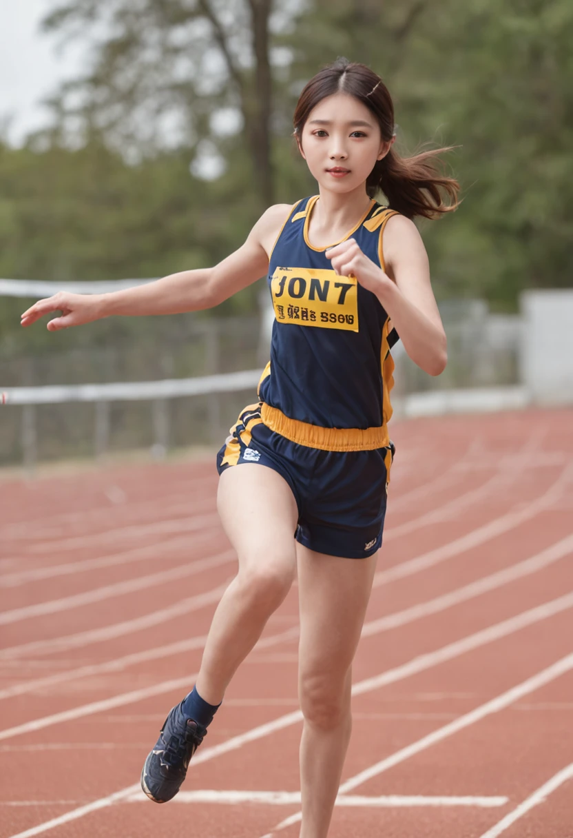 Japan Female Junior High School Students、Sandpit of the athletics stadium、Long jump、Athletics Uniforms、Very thin、Flying state