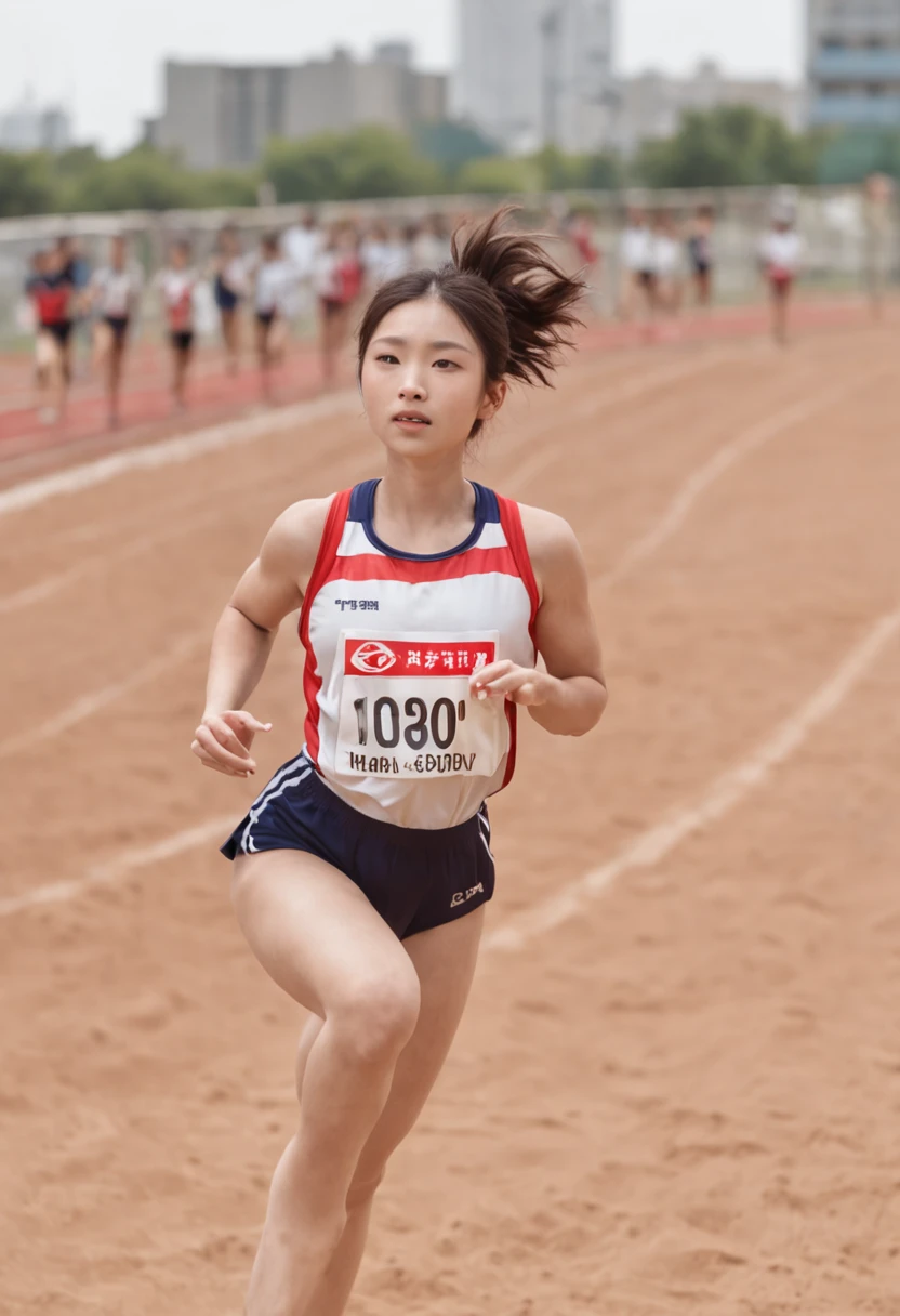 Japan Female Students、Sandpit of the athletics stadium、Long jump、Athletics Uniforms、Very thin、Flying state