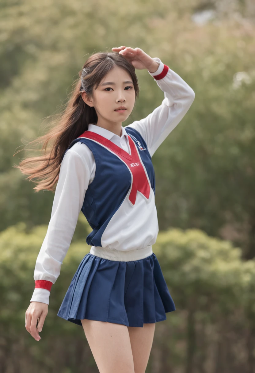 Japan Female Junior High School Students、Sandpit of the athletics stadium、Long jump、Athletics Uniforms、Very thin、Flying state