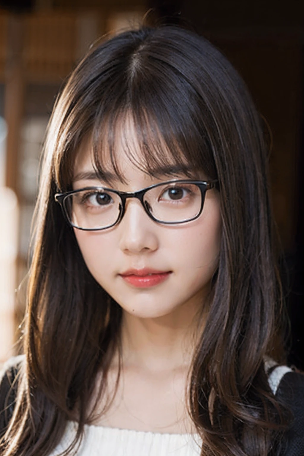 (8K、Raw photography、top-quality、masterpiece:1.2)、(realisitic、Photorealsitic:1.37)、ultra-detailliert、超A high resolution、女の子1人、see the beholder、beautifull detailed face、A smile、Constriction、(Slim waist) :1.3)、Light colored clothes、Beautiful detailed skin、Skin Texture、Floating hair、Professional Lighting、girl's own room、Black-rimmed square glasses、Whole human body、Brown hair