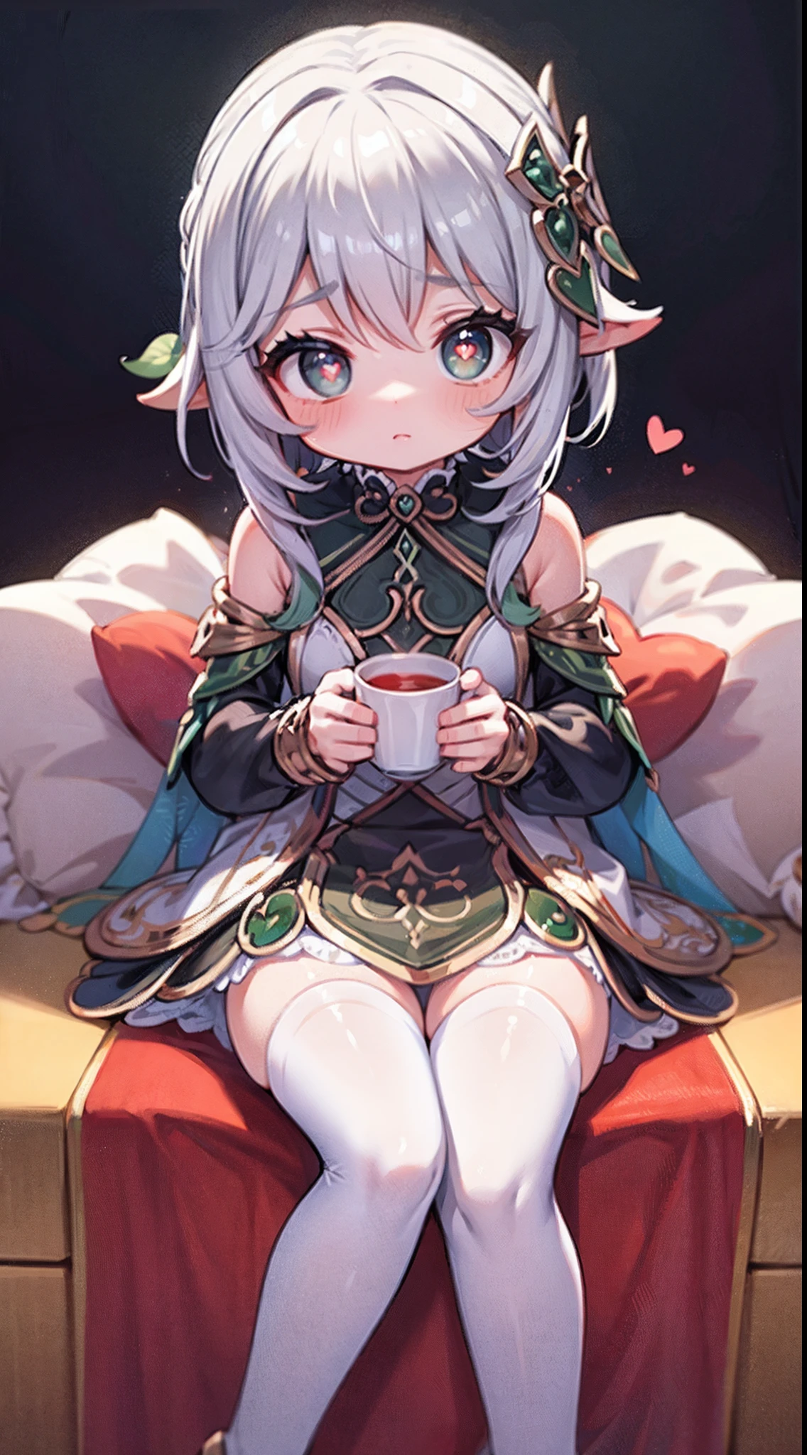 Nasida，flatchest，long  skirt，Sitting down， A cup，High detail, Heart-shaped pupils，Love pupils，cropped shoulders，Lots of hearts，Fleshy thighs,highly rendered，detailed face with，white stockings