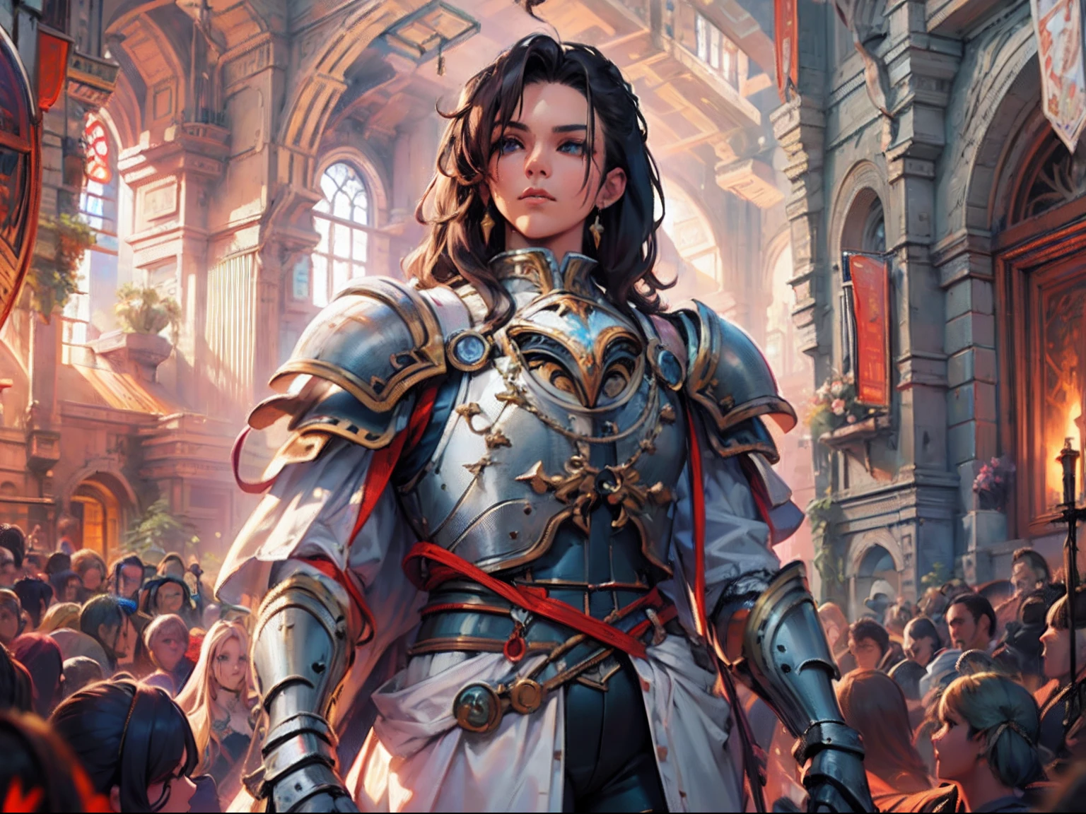 arafed, high details, best quality, 16k, [ultra detailed], masterpiece, best quality, (extremely detailed), dynamic angle, ultra wide shot, RAW, photorealistic, a wide angle picture of a wedding between a knight and her prince in medieval castle, a female human knight, pic beautiful human woman (best details, Masterpiece, best quality), ultra detailed face (best details, Masterpiece, best quality), blond hair, long hair, wavy hair, green eyes, wearing heavy reelmech armor, mechanical parts white armor, intricate details armor (best details, Masterpiece, best quality), white metallic armor, armor shines BREAK, [[and]] a human male prince, beautiful human man (best details, Masterpiece, best quality), ultra detailed face (best details, Masterpiece, best quality), black hair, short hair, blue eyes, wearing, medieval style clothes (best details, Masterpiece, best quality), noble clothes, fantasy castle background, Ultra-Wide Angle, high detail, award winning, best quality, HD, 16K, 3D rendering, high details, best quality, highres, ultra wide angle, 3D rendering, [[anatomically correct]]
