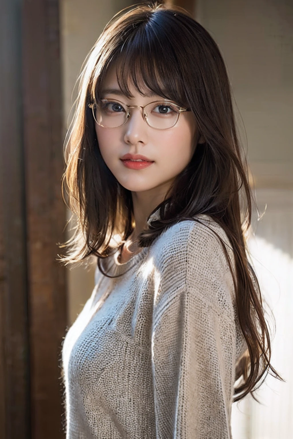 (8K、Raw photography、top-quality、masterpiece:1.2)、(realisitic、Photorealsitic:1.37)、ultra-detailliert、超A high resolution、女の子1人、see the beholder、beautifull detailed face、A smile、Constriction、(Slim waist) :1.3)、Light colored clothes、Beautiful detailed skin、Skin Texture、Floating hair、Professional Lighting、girl's own room、Black-rimmed square glasses、Whole human body、Brown hair