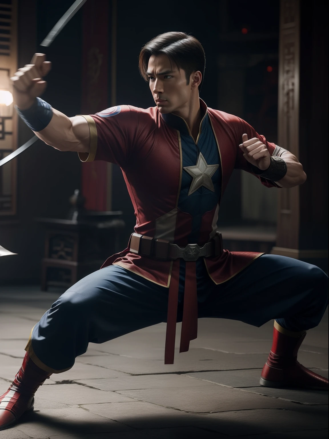 A Captain America as a Chinese kungfu master wearing a typical Chinese kungfu master's clothes, cinematic, extreem realistic, extreem detailed, extreem Sharp, full body shot