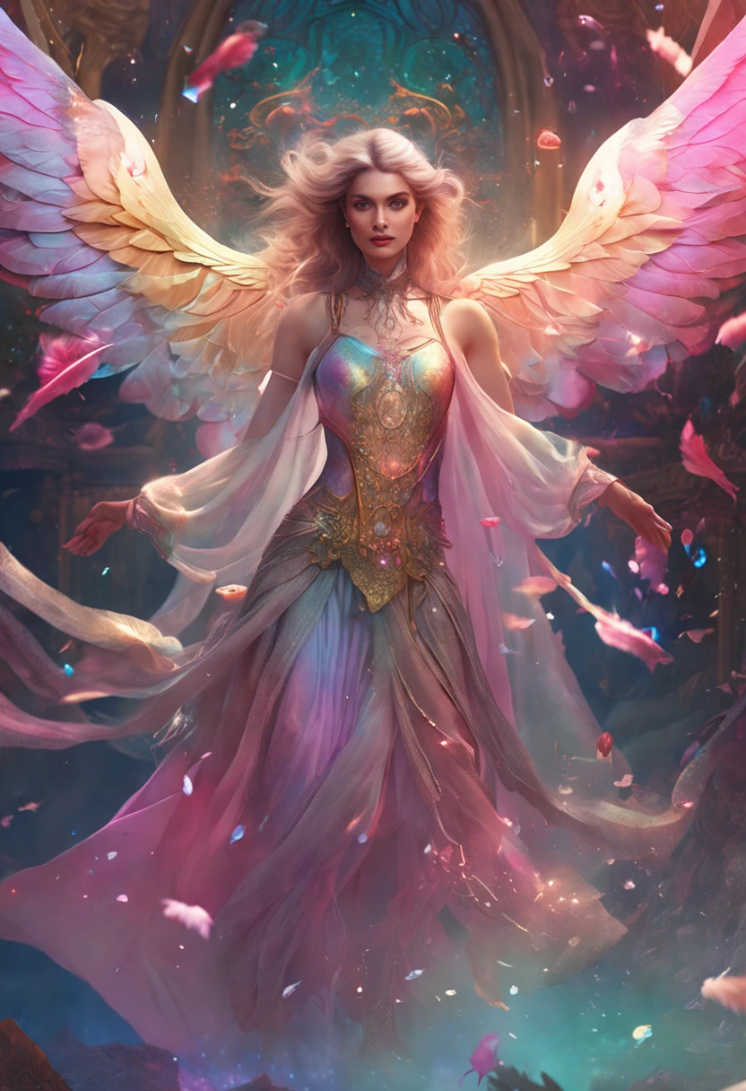 (((masterpiece))), (((best quality))), ((ultra-detailed)),(highly detailed CG illustration), ((an extremely delicate and beautiful)),cinematic light, Create a stunning fantasy artwork that mimics the style of currently trending masters of the genre. The art piece should contain elements of both mythic fantasy and fairytale fantasy with colorful accents. ((Utilize various shades of pink and watercolor pastels as the main color scheme.)) The character in the artwork is a delicate but strong petite figure with an aura of mystery and magic. Pay close attention to (((((intricate facial features, such as mesmerizing eyes with vibrant colors and bold shading))))). The character's clothing should be designed with gossamer feathers, silk, stunning embroidery, and subtle iridescent details. Incorporate dreamy colors, dynamic lighting, and detailed background elements to create a sense of awe and immersion. Include colorful flying magical birds and jewel-toned butterflies radiating a magical aura. Consider the latest trends in fantasy art, such as incorporating unique lighting effects, exploring dynamic and compelling composition techniques, and experimenting with unique color palettes. Take inspiration from the top artists on ArtStation and Midjourney. Camera: Choose an angle that highlights the character's beauty and enhances the magical majesty of the artwork. Lighting: Utilize atmospheric lighting techniques to create depth and mood. Resolution: Aim for a high-resolution artwork to showcase intricate details and clarity. Art Inspirations: Seek inspiration from the trending artists on ArtStation, exploring different styles, genres, and themes.