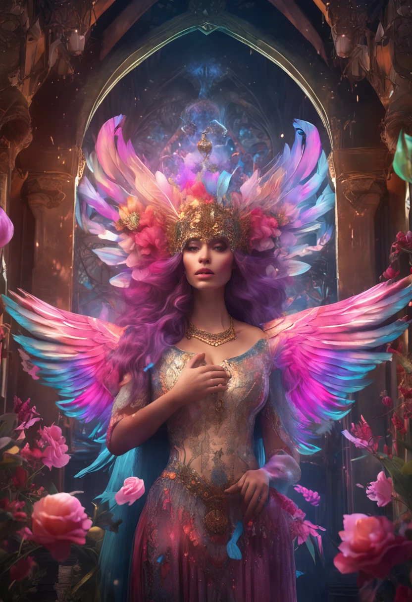 (((masterpiece))), (((best quality))), ((ultra-detailed)),(highly detailed CG illustration), ((an extremely delicate and beautiful)),cinematic light, Create a stunning fantasy artwork that mimics the style of currently trending masters of the genre. The art piece should contain elements of both mythic fantasy and fairytale fantasy with colorful accents. ((Utilize various shades of pink and watercolor pastels as the main color scheme.)) The character in the artwork is a delicate but strong petite figure with an aura of mystery and magic. Pay close attention to (((((intricate facial features, such as mesmerizing eyes with vibrant colors and bold shading))))). The character's clothing should be designed with gossamer feathers, silk, stunning embroidery, and subtle iridescent details. Incorporate dreamy colors, dynamic lighting, and detailed background elements to create a sense of awe and immersion. Include colorful flying magical birds and jewel-toned butterflies radiating a magical aura. Consider the latest trends in fantasy art, such as incorporating unique lighting effects, exploring dynamic and compelling composition techniques, and experimenting with unique color palettes. Take inspiration from the top artists on ArtStation and Midjourney. Camera: Choose an angle that highlights the character's beauty and enhances the magical majesty of the artwork. Lighting: Utilize atmospheric lighting techniques to create depth and mood. Resolution: Aim for a high-resolution artwork to showcase intricate details and clarity. Art Inspirations: Seek inspiration from the trending artists on ArtStation, exploring different styles, genres, and themes.