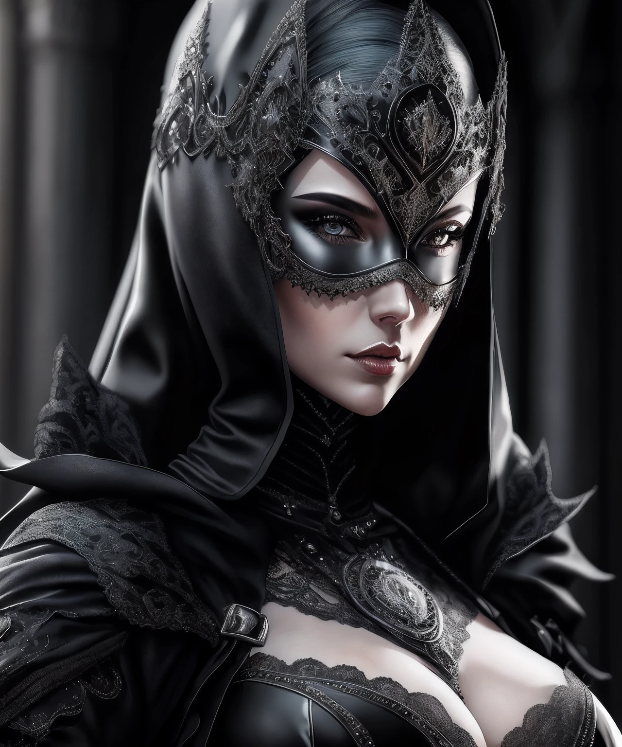 Gothic, dark, mysterious, woman, mask, black and silver, intricate design