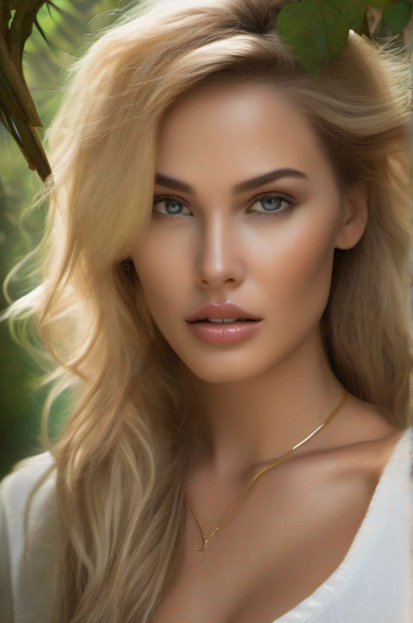 In a captivating jungle setting, a medium close-up photo captures the allure of an incredibly beautiful fitness girl. fullbody of woman. She stands with flowing blond hair, adorned with delicate vines, basking in the sun's radiant glow. The scene is vivid and rich, presented in 8K resolution for optimal quality.Her captivating charm is accentuated by sheer white nightwear that tastefully hints at her features. The image is a masterpiece that plays with light and shadow, achieving striking contrast and depth of field. The attention to detail extends to her face, reflecting lifelike nuances in the style reminiscent of SamDoesArts.This arresting image celebrates natural beauty and allure, encapsulating the essence of an enchanting moment amid the lush jungle.A breathtaking uncensored portrayal of a captivating woman in an intimate solo scene. She possesses remarkable beauty, with flawless features and aura. Her hair, white and styled in a ponytail with colored tips and inner hai